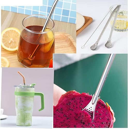 Miniatura 3 de Popote reutilizable de acero inoxidable  Paja con cuchara de filtro y tapa protectora de silicona  Filtro de té reutilizable  11.8 pulgadas adecuado