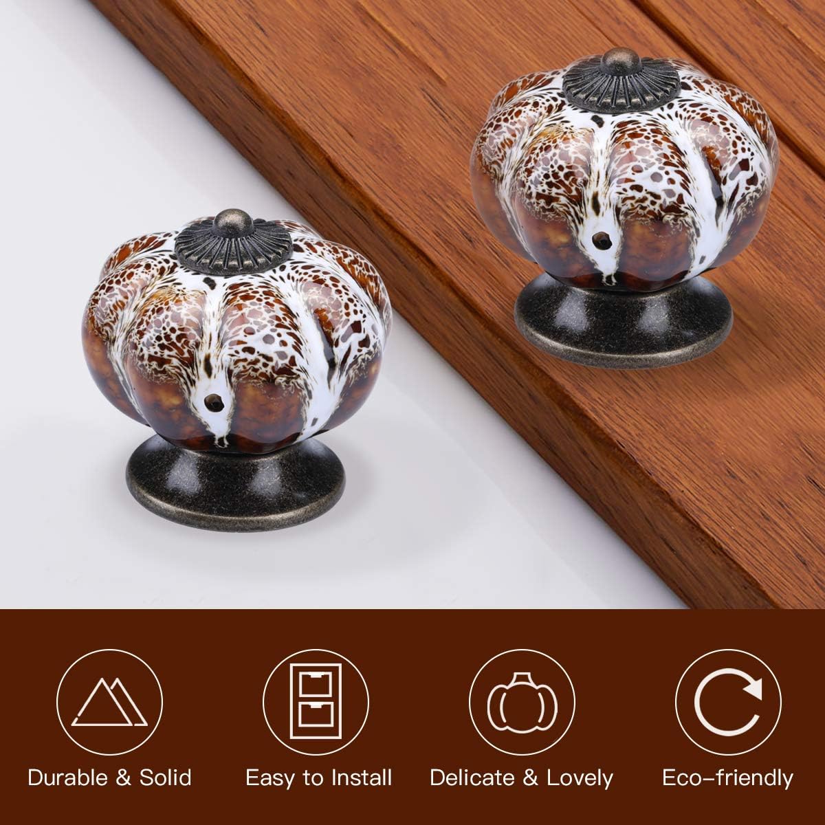 YDO Ceramic Glazed Cabinet Knobs Pumpkin Shape Classy Vintage Decorative Knobs Cabinet Closet Drawers Dresser Pull Handle 6pcs (White)