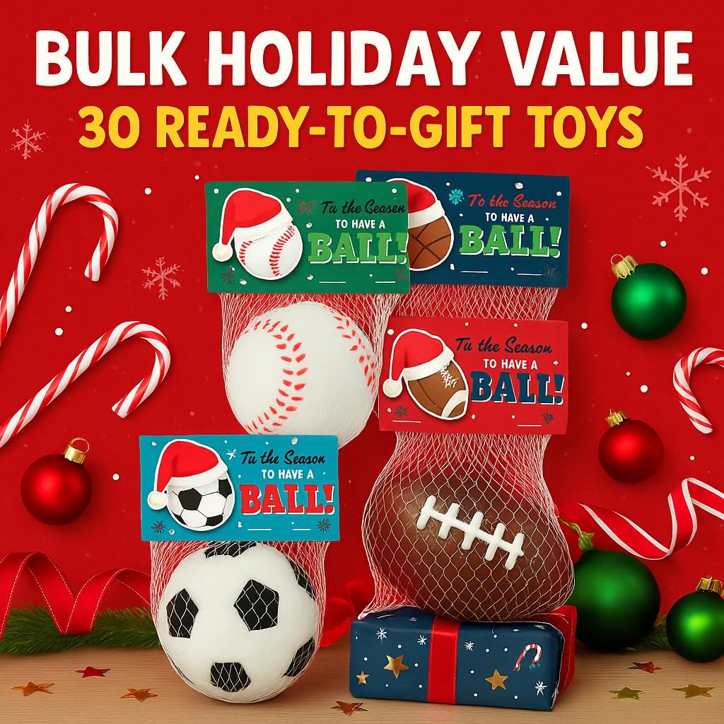 Christmas Sports Stress Ball Party Favors, Bulk Pack for Students, Holiday Goody Bag Stuffers, Office Gift Exchange
