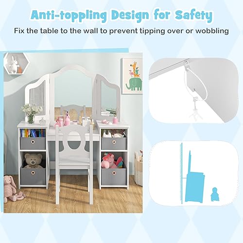 Miniatura 51 de INFANS Vanity - Juego de escritorio y silla de maquillaje de princesa 2 en 1 con espejo desmontable de tres pliegues, estantes de almacenamiento