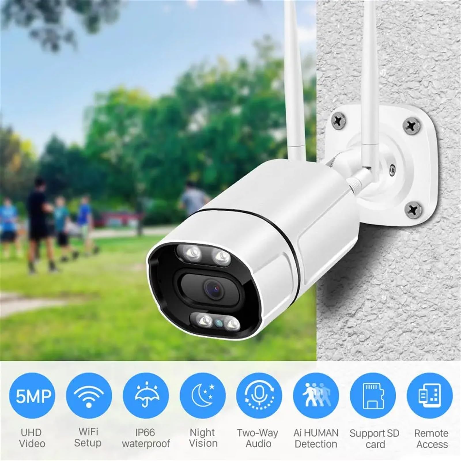 Telecamera IP da 5 MP, Wi-Fi, Ai, rilevamento Umano, Audio, Wireless, Telecamera di Sicurezza CCTV a Colori HD 1080P, Visione Notturna a infrarossi(5MP 64G Card)