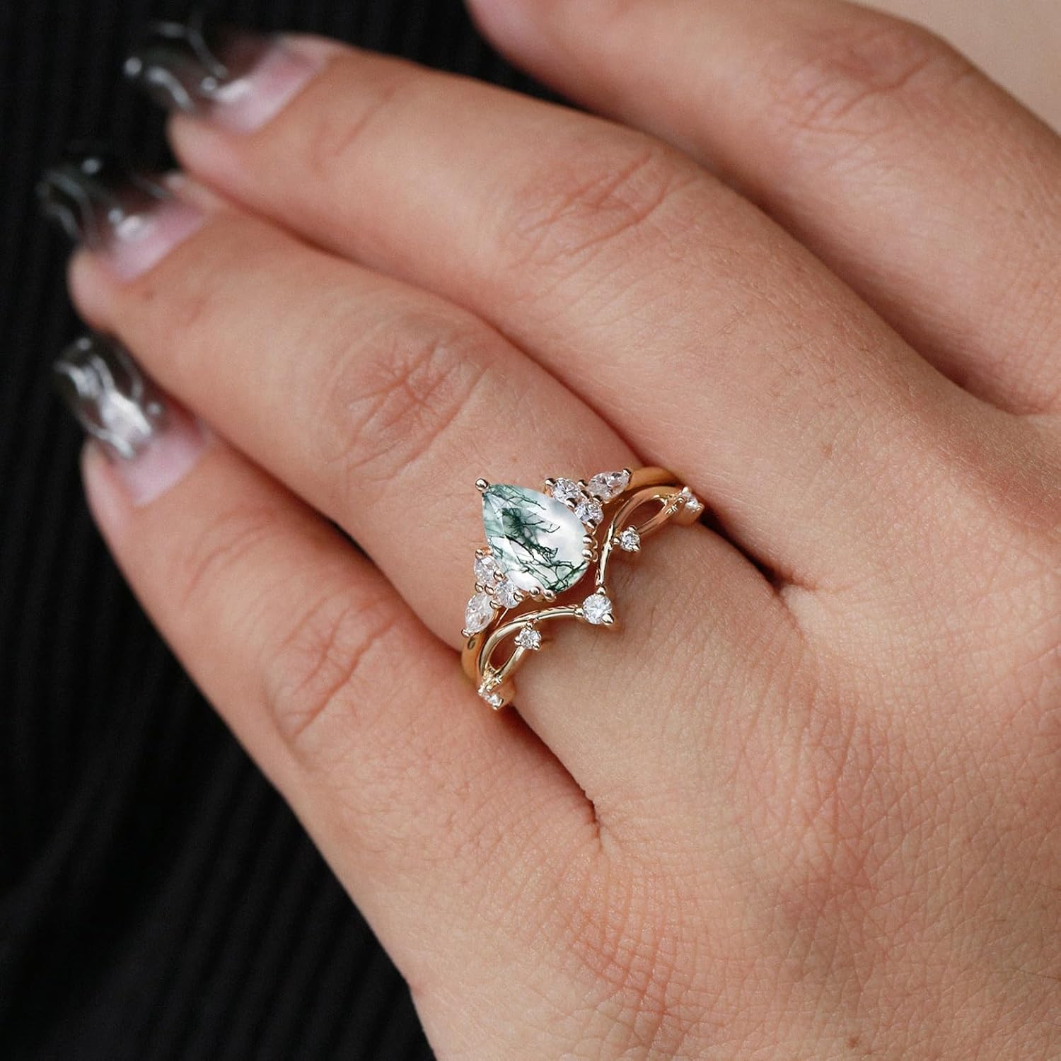 Pear Cut Moss Agate Bridal Ring Set for Women 1CT Teardrop Natural Moss Agate Wedding Ring Set 925 Sterling Silver 10K 14K 18K Gold Engagement Ring Set for Women(S2)