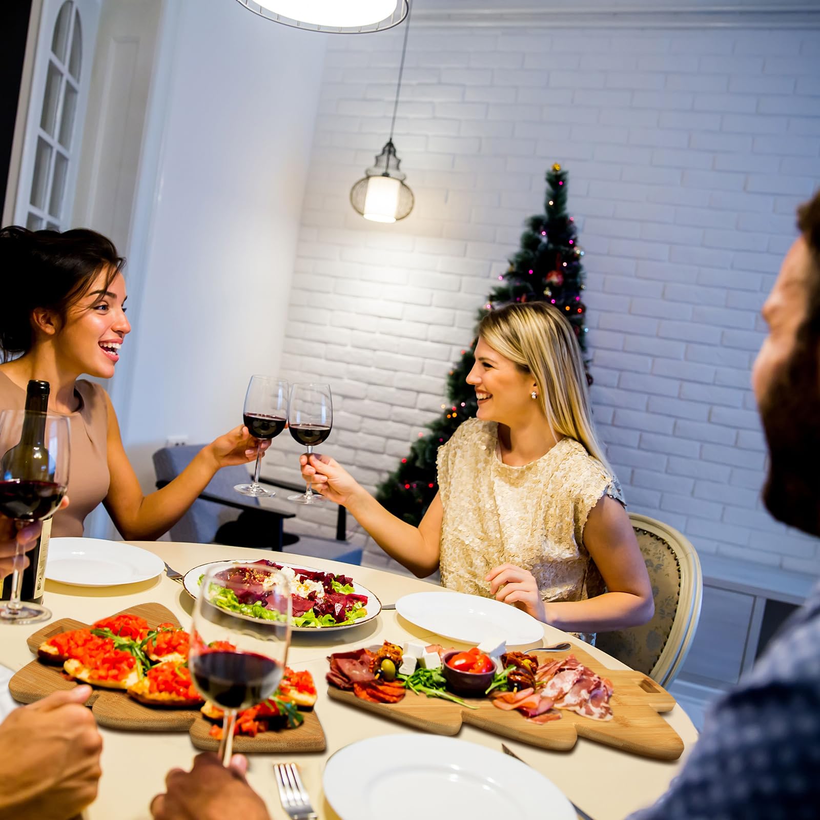 Sliner Juego de 3 tablas de cortar en forma de árbol de Navidad, tabla de cortar de madera, bloque de carnicero de madera para decoración de cocina, queso, verduras, carne, frutas, ensalada, vino,