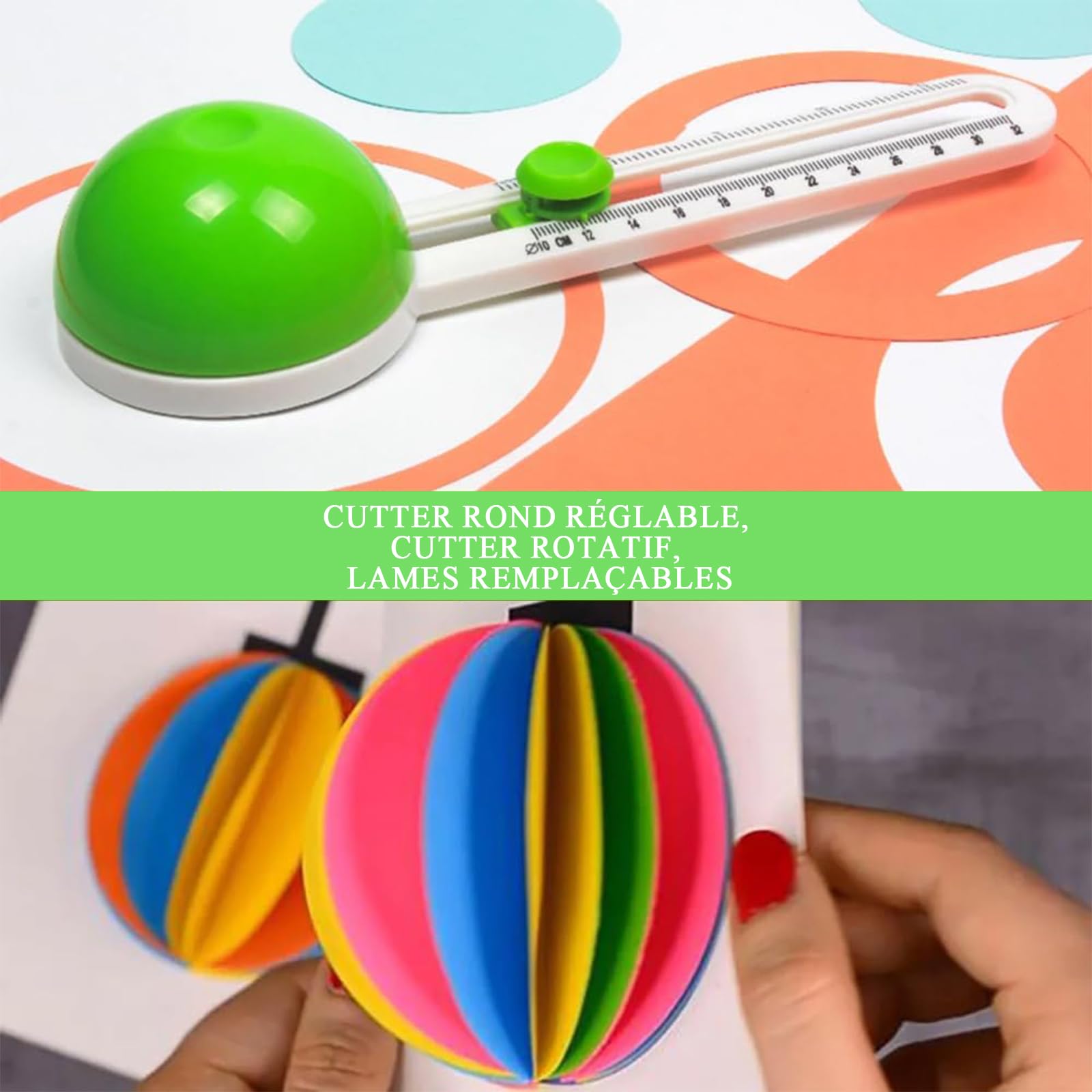 Cutter Circulaire Réglable 10-32 cm - Coupe-Cercle Rotatif avec Lames Remplaçables pour Loisirs Créatifs, Scrapbooking, Cartes 3D, DIY (Vert)