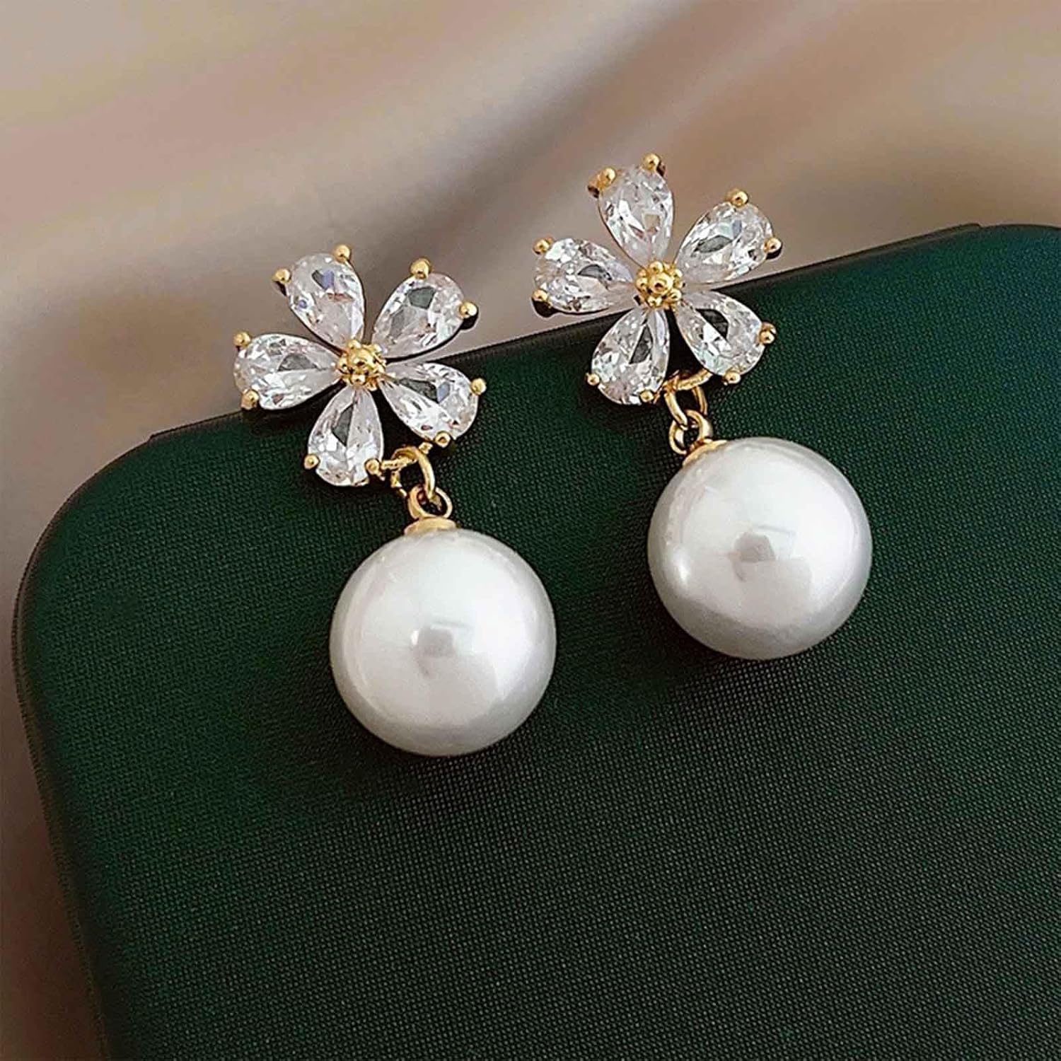 Gold Alloy Crystal Pearl Dangle Earrings - Vintage Floral Pearl Drop Studs - Perfect for Special Occasions & Everyday Wear - Image 4