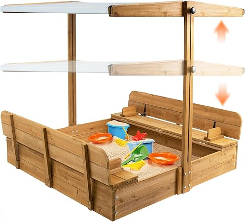 PetsCosset Caja de arena de madera con tapa, cajas de arena para niños al aire libre con tapa, caja de arena con 2 asientos plegables para patio