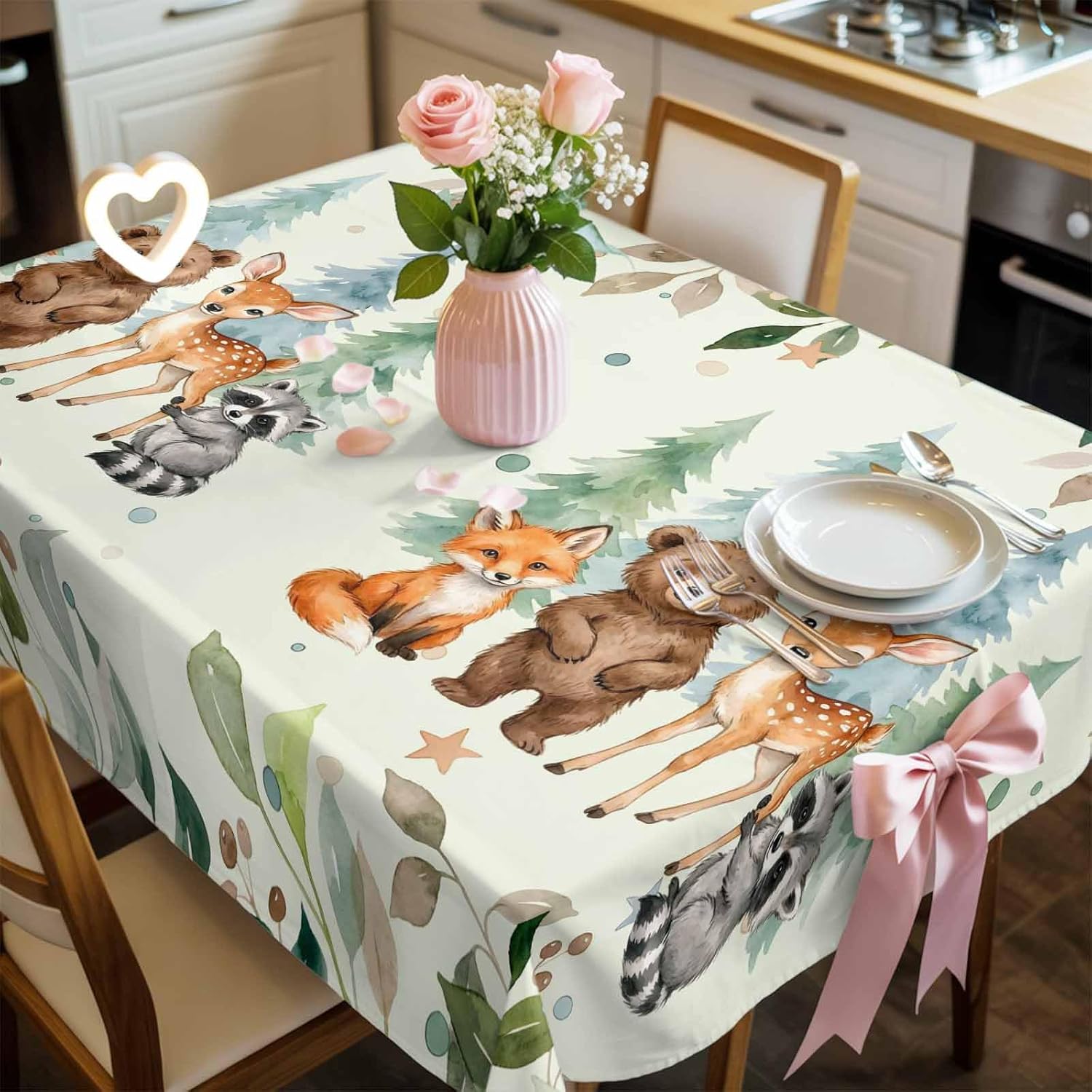 Children's Day Waterproof Table Cloth Cartoon Animal Elephant Zebras Fox Giraffe Leaf Beige Waterproof & Wrinkle Table Cover, Washable Polyester Soft Fabric Table Cloth for Outdoor Indoor Parties