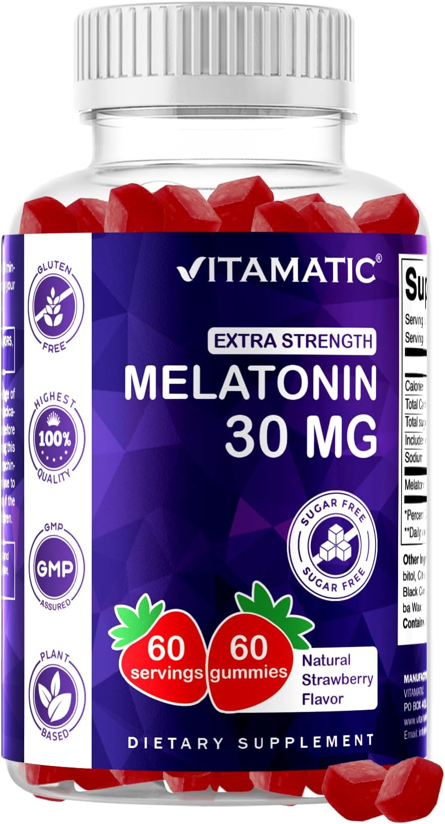 Vitamatic Extra Strength Melatonin 30 mg, Pectin Based, 60 Gummies