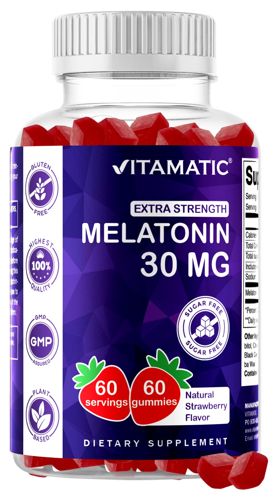 Vitamatic Extra Strength Melatonin 30 mg, Pectin Based, 60 Gummies
