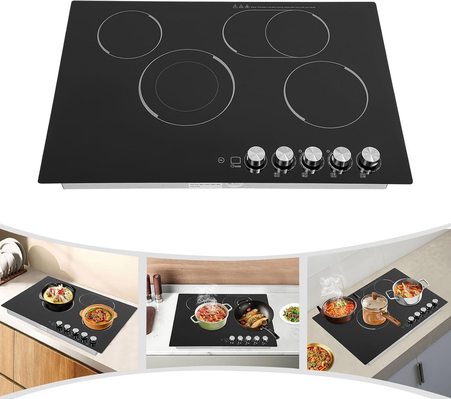 Electric Cooktop， Built-in Electric Cooktop with 4 Burner Stove Top， 3700W Ceramic Stove with 90Min Timer Ceramic Cook Top for Kitchens, Cabins, Snack Bars, Offices,Hotels, Restaurants