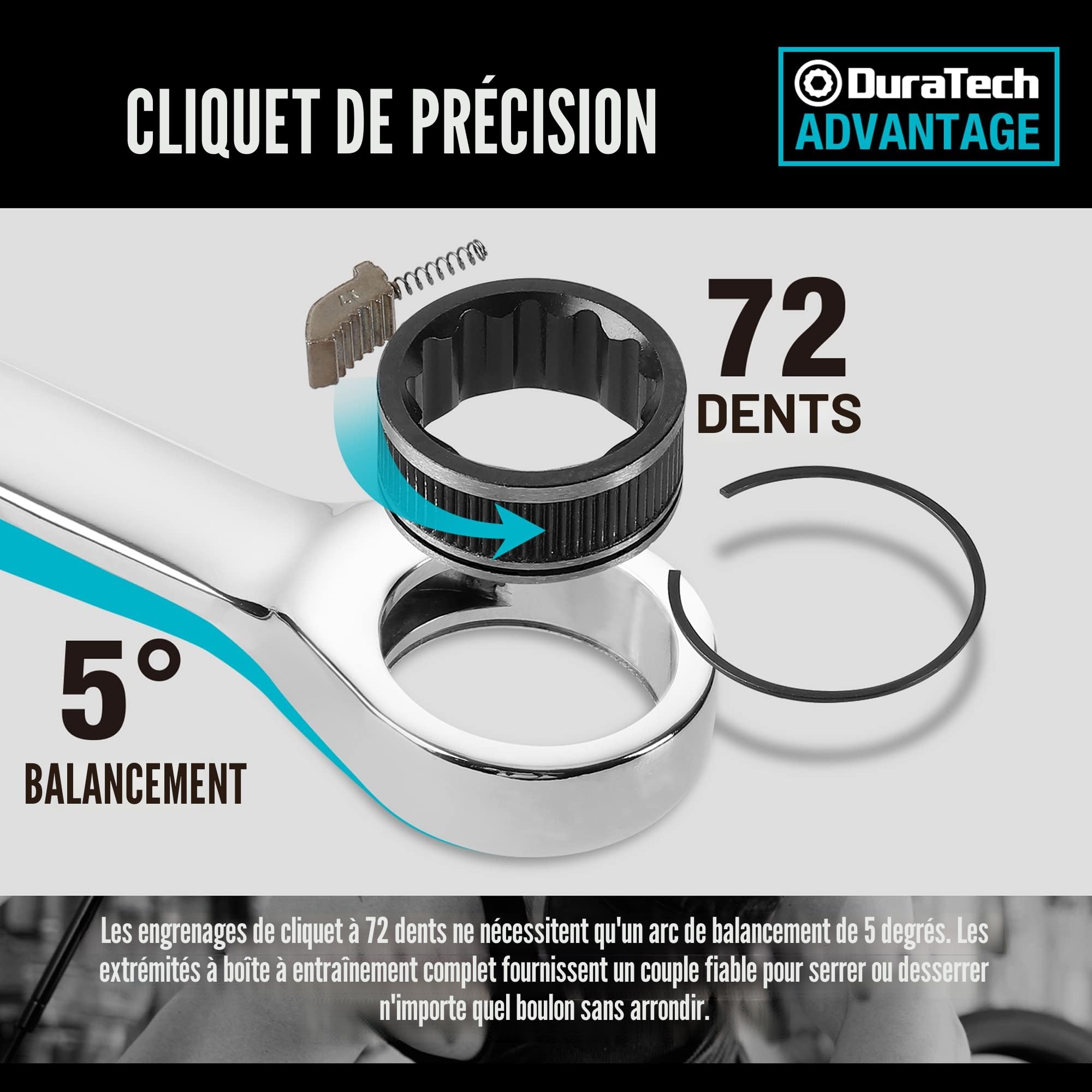 DURATECH Lot de Clé Plate à Cliquet 10 pièces 6-18 mm, Jeu de Clés Mixtes à Cliquet en Acier au Chrome Vanadium, 72 Dents 5° Angle Reprise, Métrique, avec Pochette Enroulable