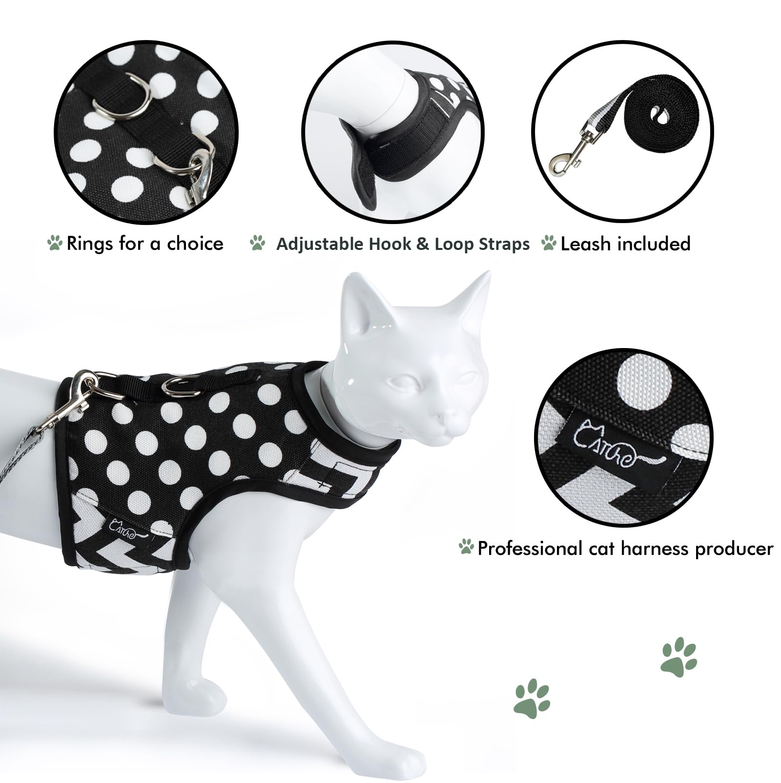 Arnés para Gatos a Prueba de Escape con Correa, tamaño Mediano, Chaquetas Ajustables para Caminar, Chaleco Acolchado para Gatos con Lunares, Color Negro