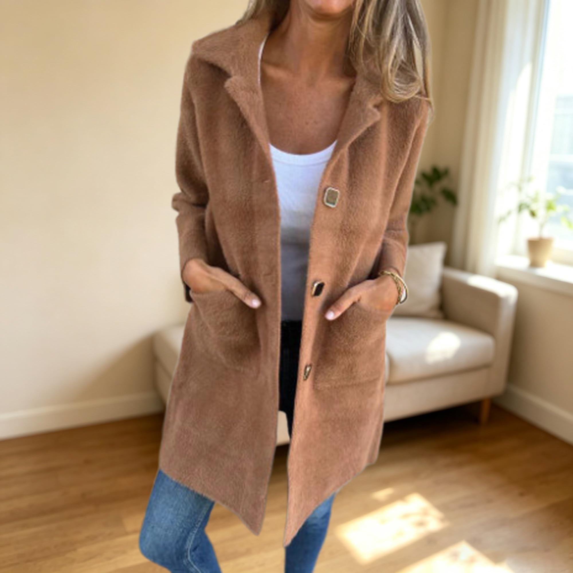 Cappotto lungo da donna con revers a tacca, monopetto, per l'inverno. | Cappotto lungo da donna, collo a revers, chiusura monopetto con bottoni, elegante cappotto invernale casual, color cammello,