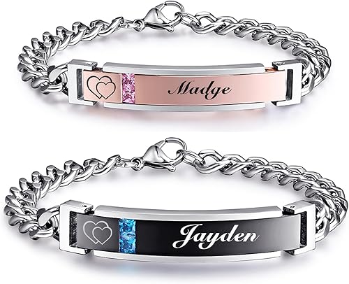 Mens Womens Personalized Bracelets, Couples Stainless Steel Bracelet with Custom Engraving for Friendship Relationship, Matching Couple Jewelry Gift