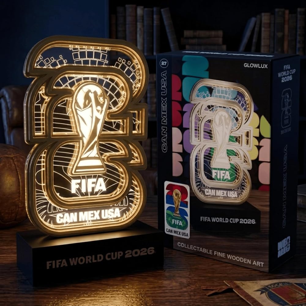 FIFA World Cup 2026 Official Licensed Collectible Display with White LED Glow, Soccer Memorabilia Gift for Men Women Dad Kids Fans – Man Cave Bar Desk Decor – USA CAN MEX Trophy Replica