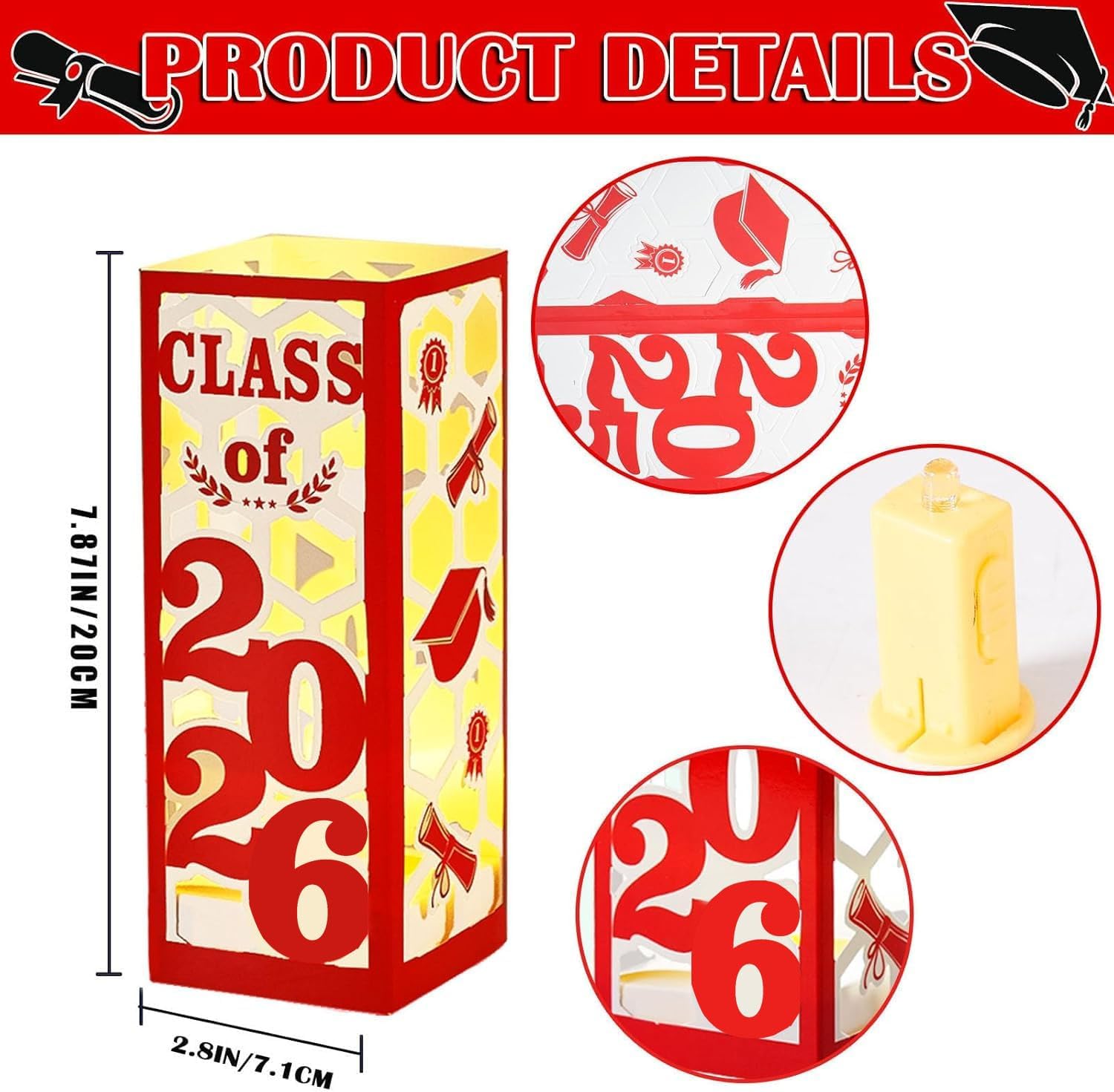 12 Pcs Light Up Graduation Centerpieces- Class of 2026 Graduation Decorations Lantern Boxes for College High School Congrats Graduation Party Supplies(Red)