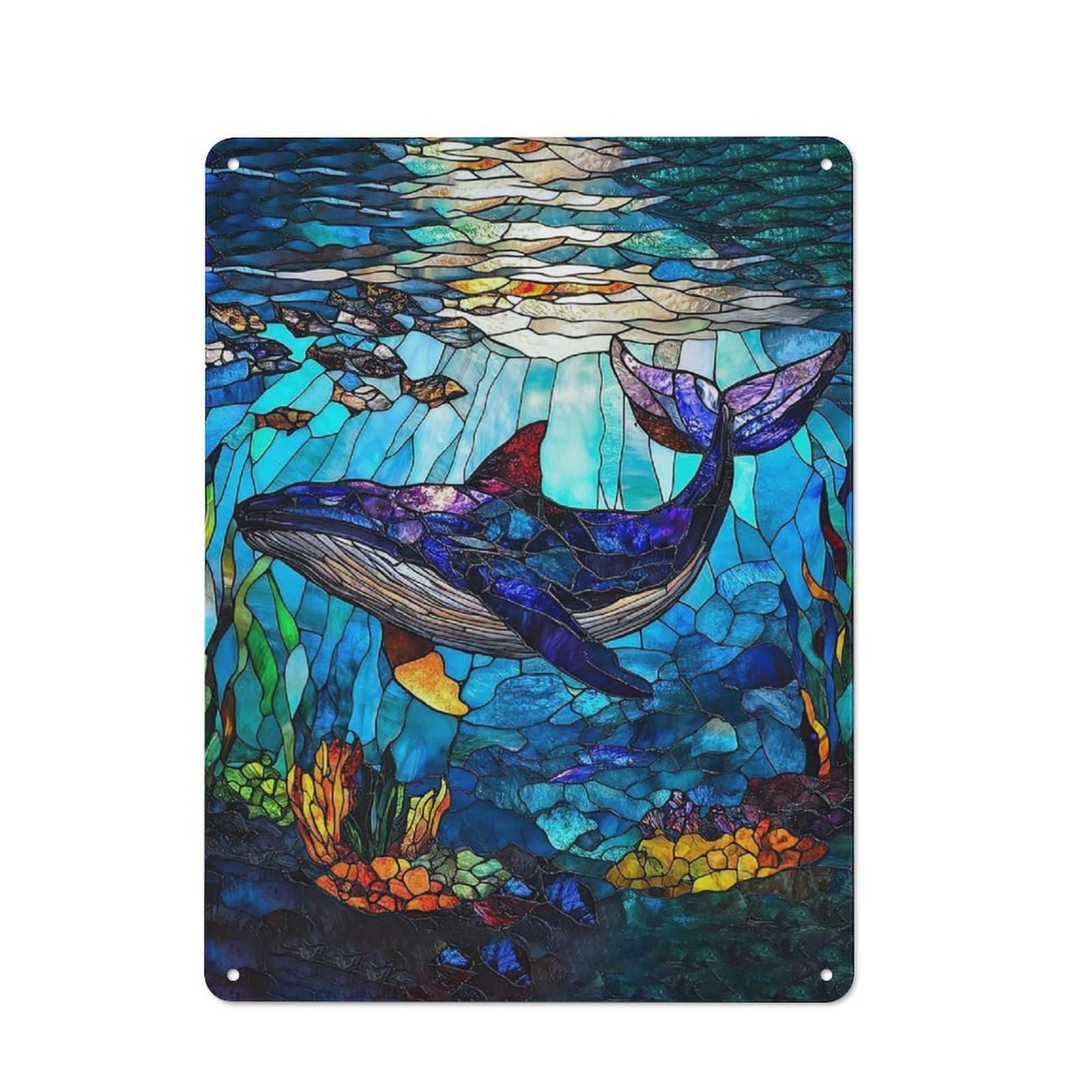 Junmoney Stained Glass Whale Rustic Metal Wall Decor 40X30cm, Metal Wall Sign For Pub, Home Bar, Shed Or Man Cave