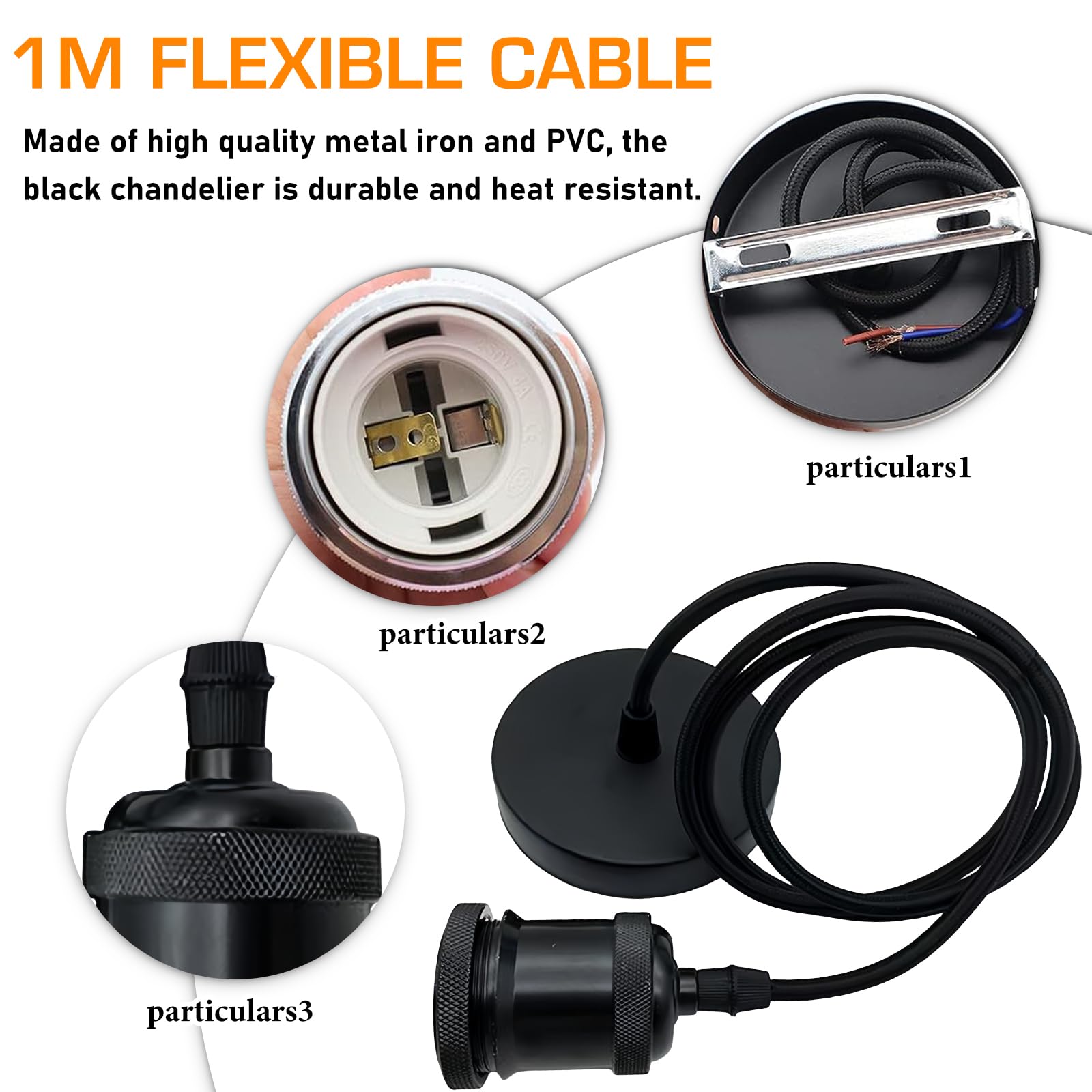 PRITOK 2 Pack Black Pendant Light Fitting with 100cm Flex Cable: E27 Industrial Style Black Ceiling Rose, E27 Lamp Holders - Image 4
