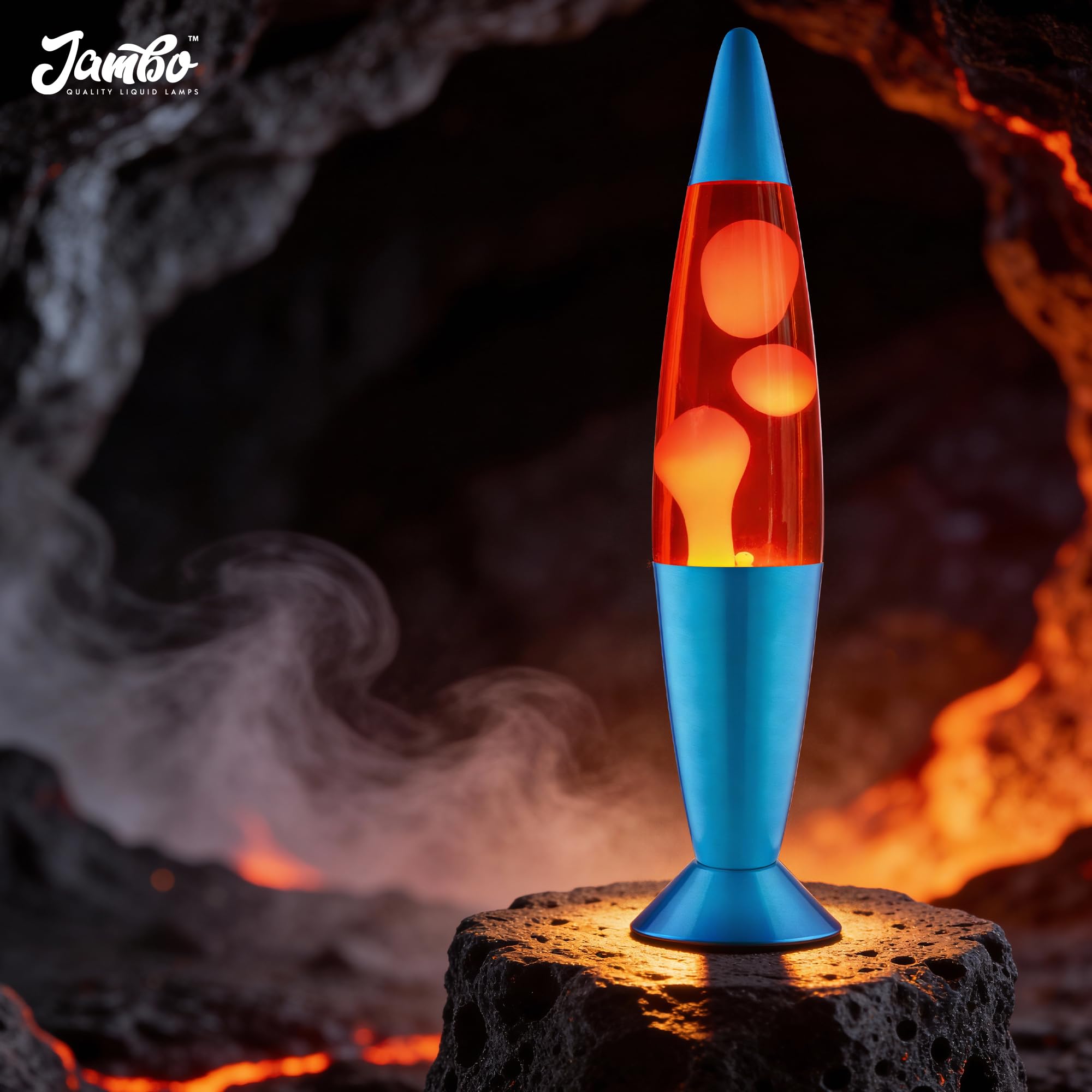 Jambo 16-Inch Groovy Volcano Lamp- Blue Base, Red Liquid, Orange