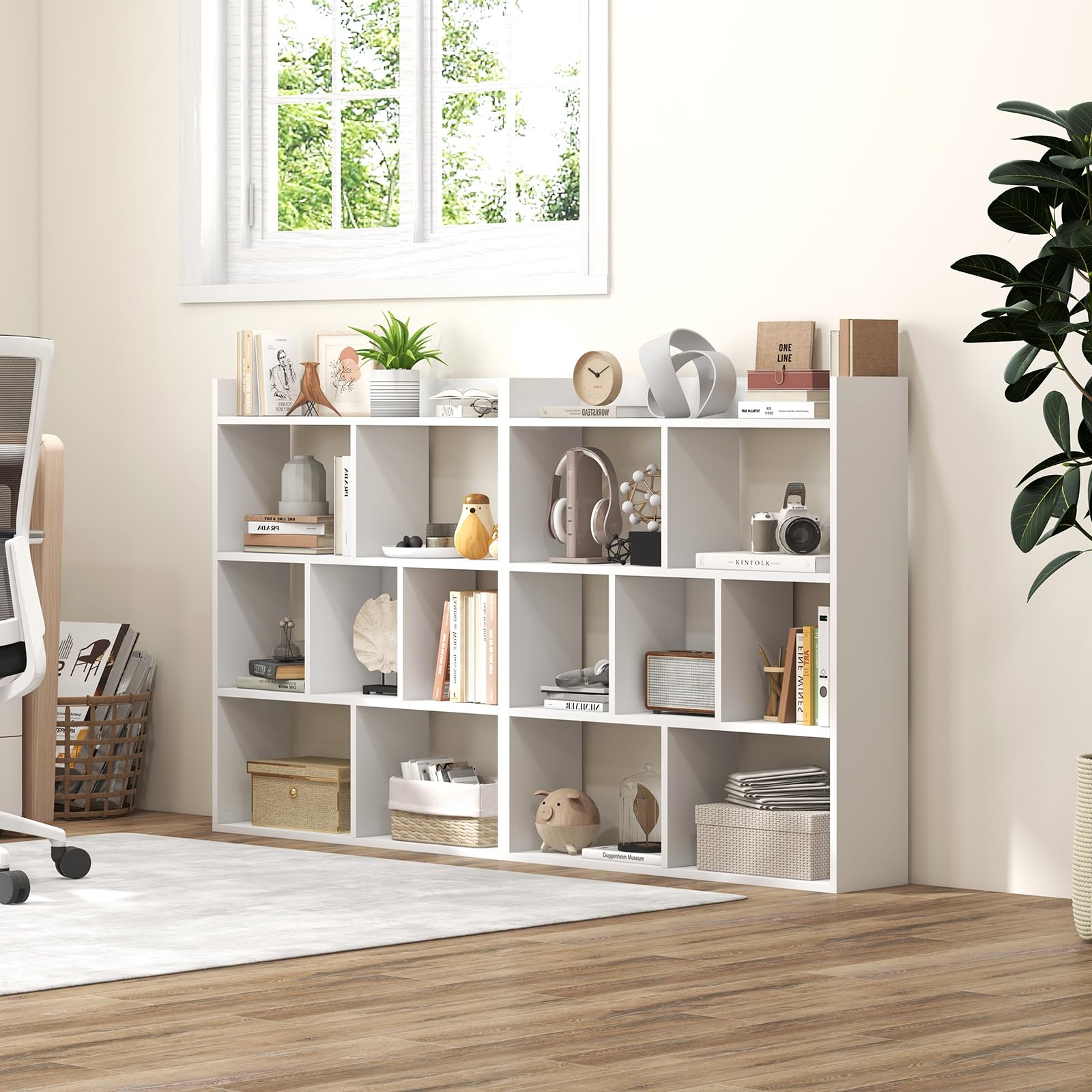 GOPLUS Librería de 7 Cubos Abiertos, Estantería de Madera de 3 Niveles con Kits Antivuelco, Mueble de Almacenamiento para Salón, Habitación Infantil, Estudio, Oficina, 80 x 20 x 90 cm (Blanco)