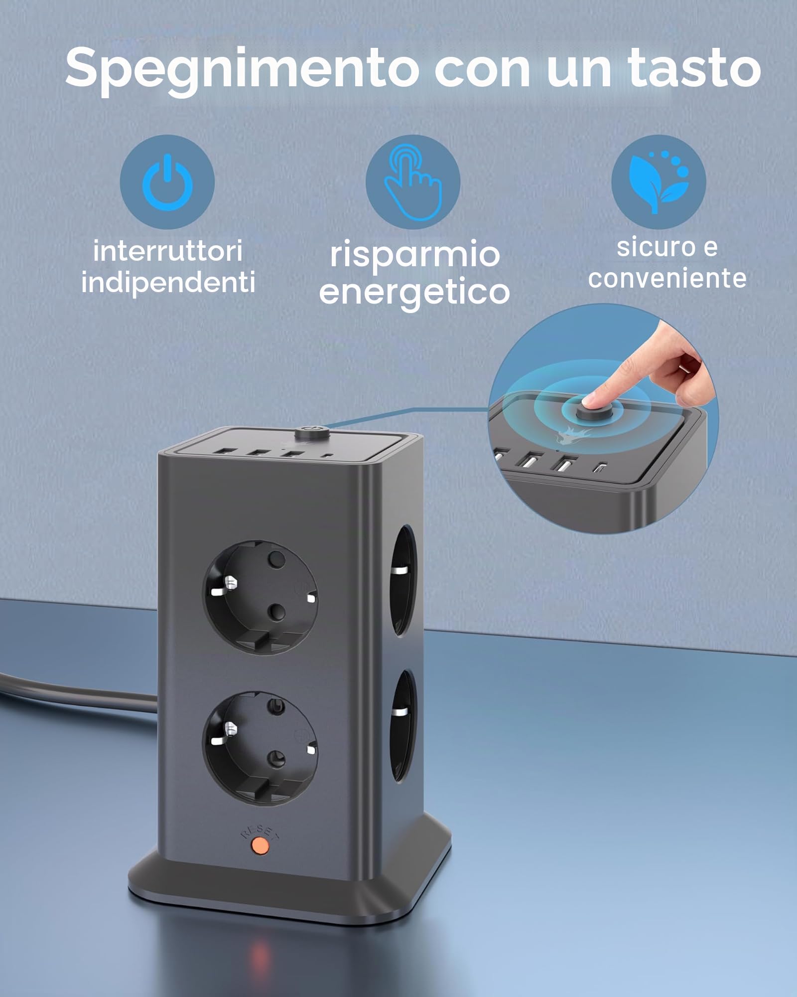 Multipresa a Torre Multifunzione con Interruttore, Parafulmine e 8 Prese Secteur e 4 Porte USB (Incluso 1 USB-C) 5V/3.4A Power Strip, 3680 W/16 A, Ideale per l'Ufficio, il Salone o la Camera 2M Nero