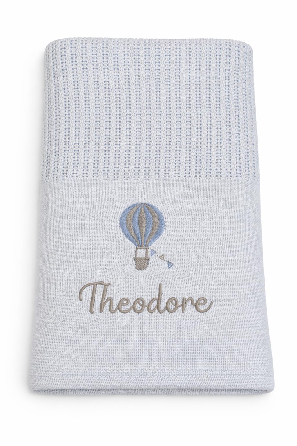 Lobeko Personalised Cellular Baby Blanket with Embroidered Name – 100% Cotton Soft Breathable Newborn Blanket, Pram Crib Moses Basket Blanket, Hot Air Balloon Design, 70x110cm (4 Colours) (Baby Blue)