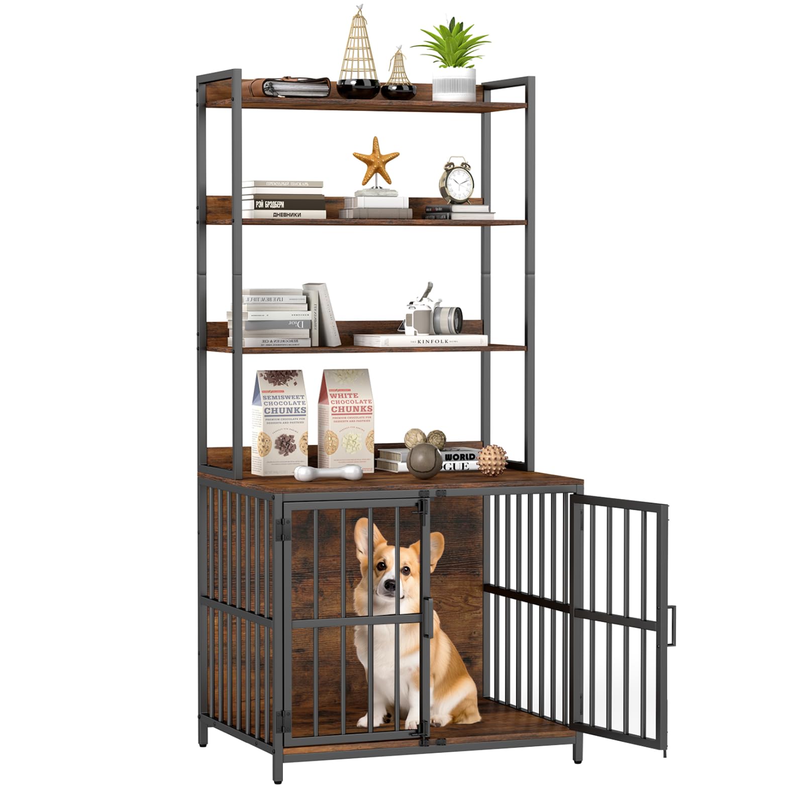 GYMAX Dog Crate Furniture, 80cm Wooden Dogs Cage with Storage Shelves, Double Lockable Doors, Heavy Duty Indoor Kennel Side Table for Small and Medium Sized Dog