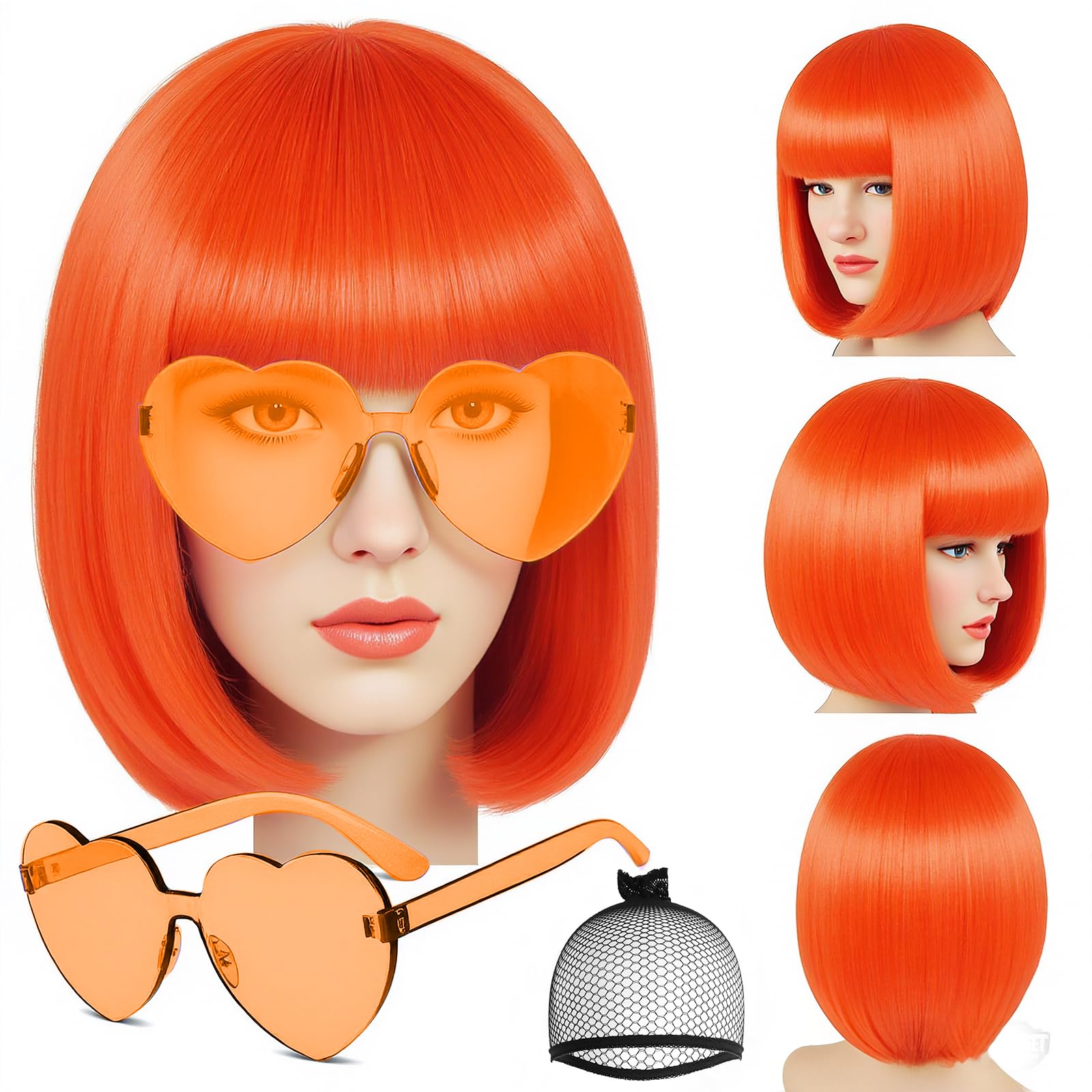 JoneTing Orange Bob Wig【+Hair Cap+Sunglasses】 Short Straight Orange Wig with Flat Bangs Oranging Bob Cosplay Wigs foe Cosplay Halloween Theme Party