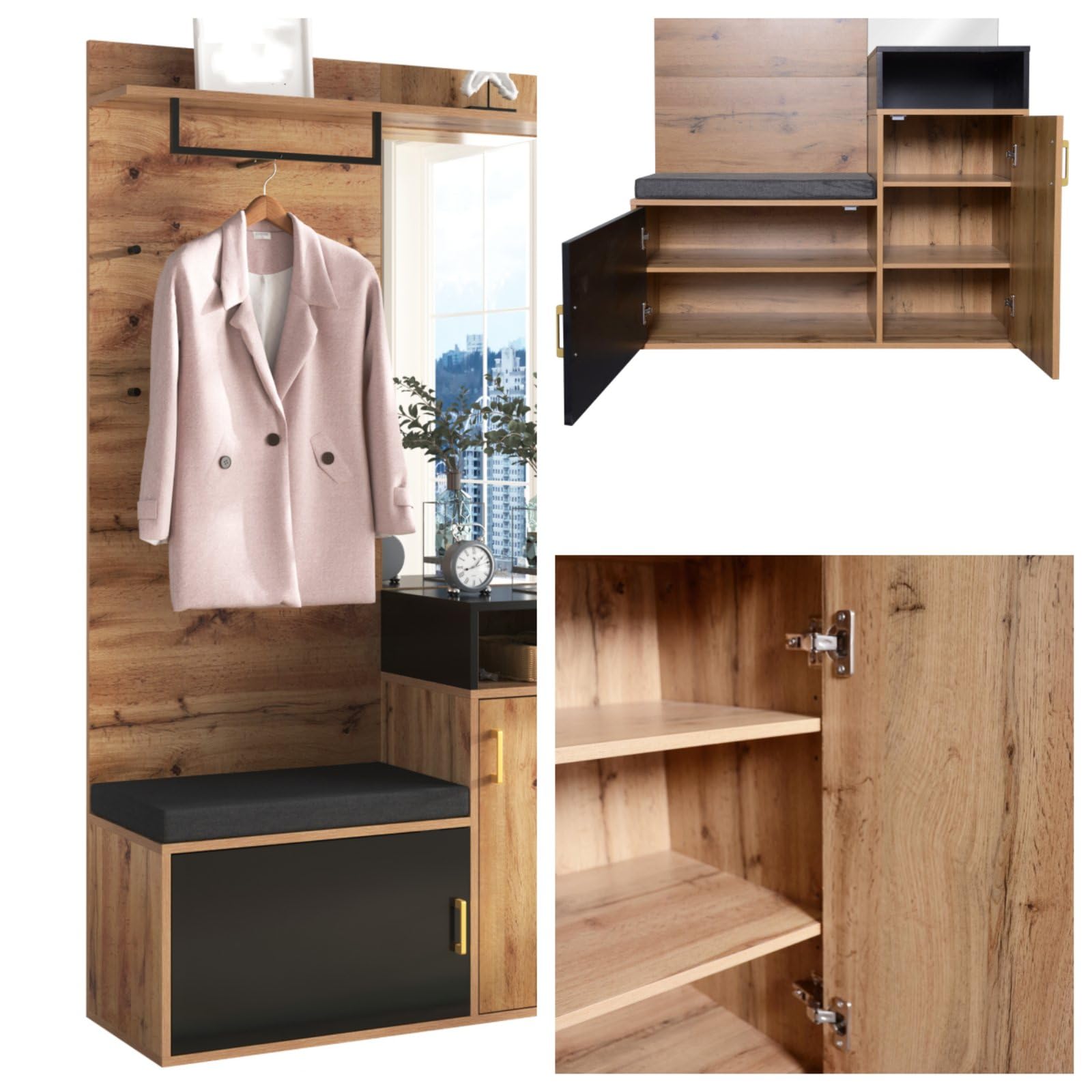 KOMHTOM Buffet à chaussures en grain de bois, armoire de rangement avec crochets, miroir et deux portes, armoire polyvalente pour entrée, couloir, chambre à coucher (C)