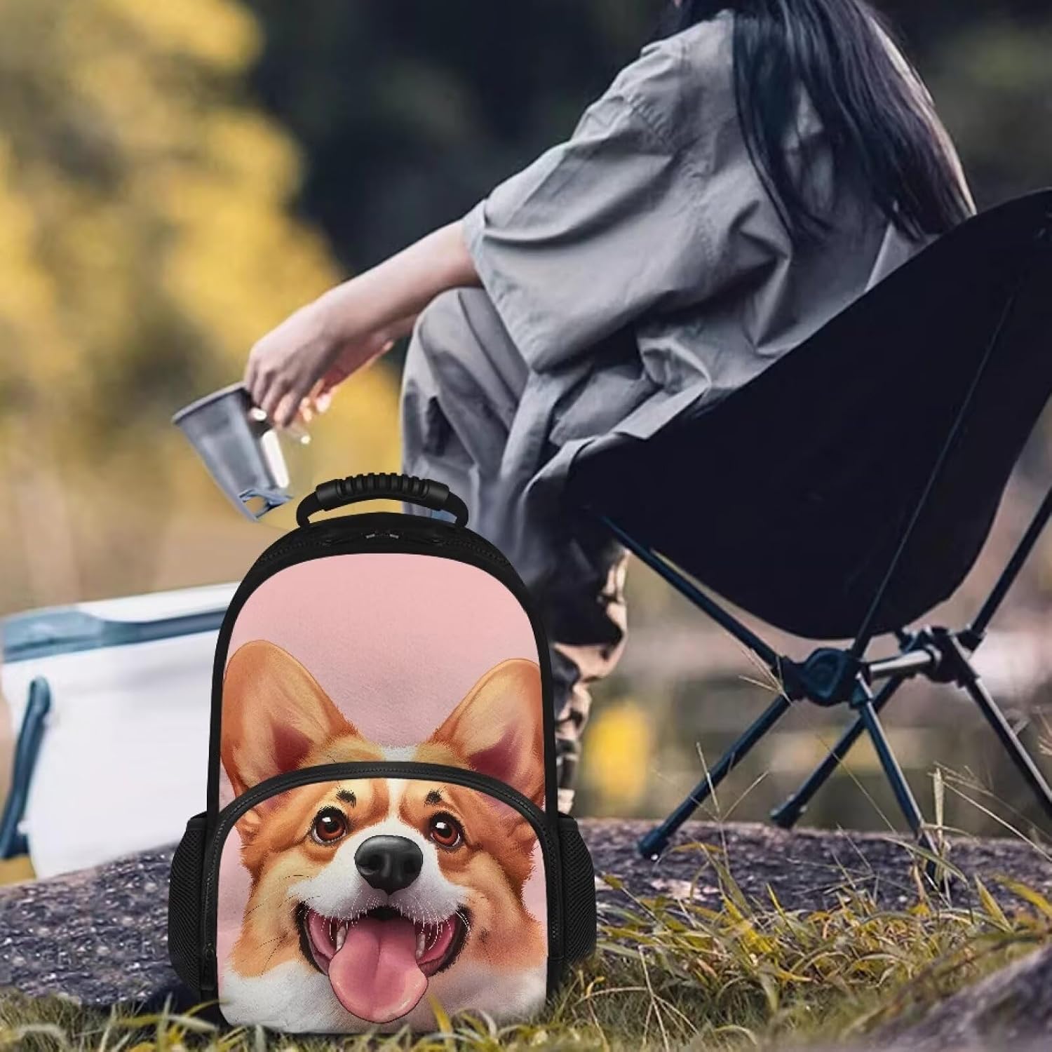 COEQINE Corgi Dog Backpack with Lunch Box Compartment Pink 17 Inch Insulated Cooler Backpack Laptop Bookbag for Women Men Work Travel