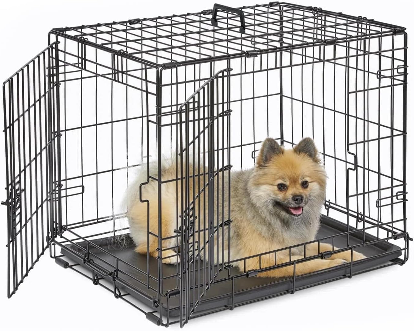 JupiterJx Metal Dog Crate Cage, Foldable Puppy Pet Cage With 2 Doors Easy Clean, Durable Dog Cage With Carrier Handle & Chew Resistant Plastic Base Tray For Dog Puppy Training (Black, 20")