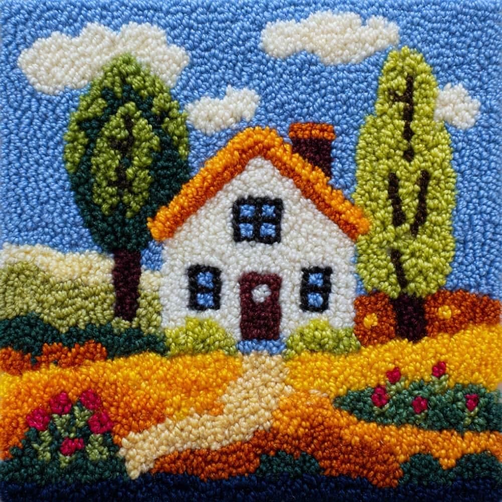 Taxpy DIY Latch Hook Pillow Kit Pre-Printed Hook and Latch Rug Kits Houses 17X17 Inch.Cross-Stitch Embroidery Cushion Cover for Home Sofa Decoration