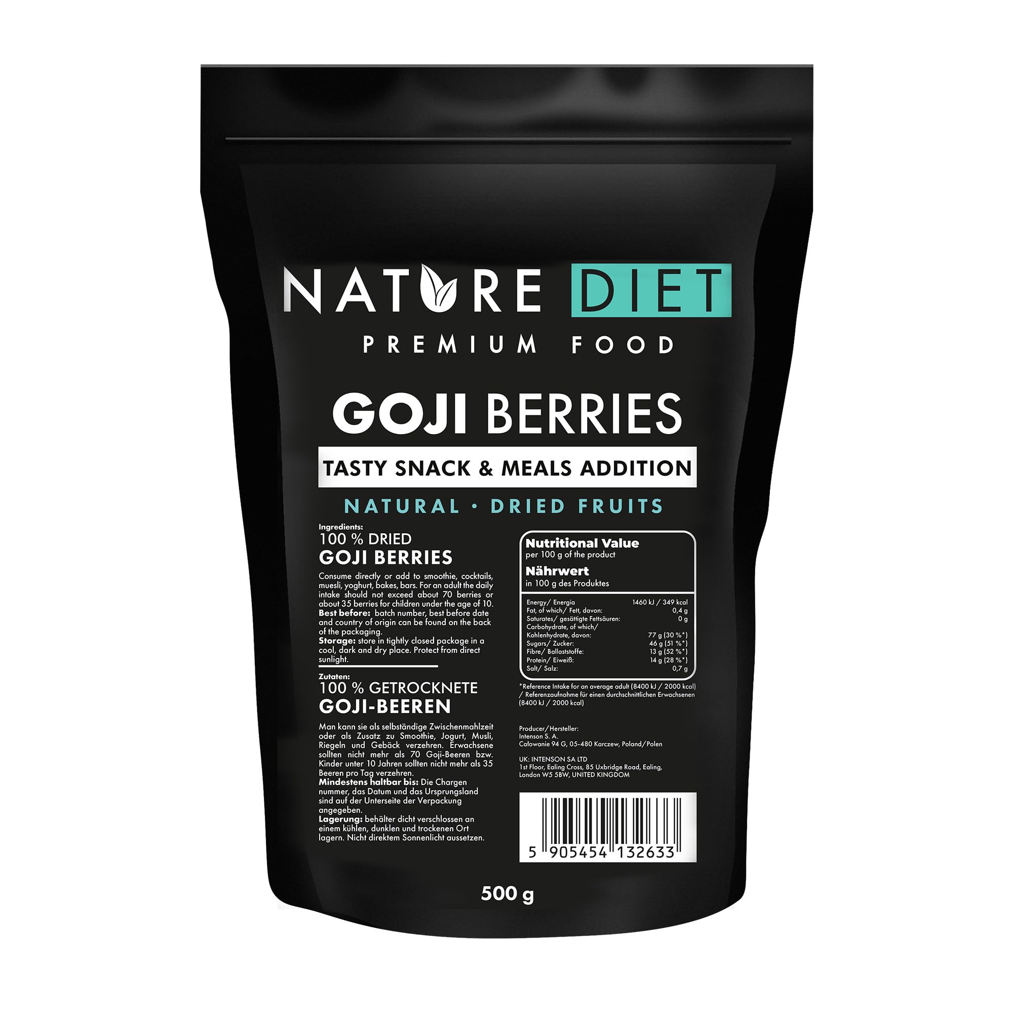 Nature Diet Goji Berries | 500g | Rich in Fibre & Protein | Vegan, Gluten-Free & Lactose-Free | Non-GMO | Ideal for Snacks, Smoothies & Baking