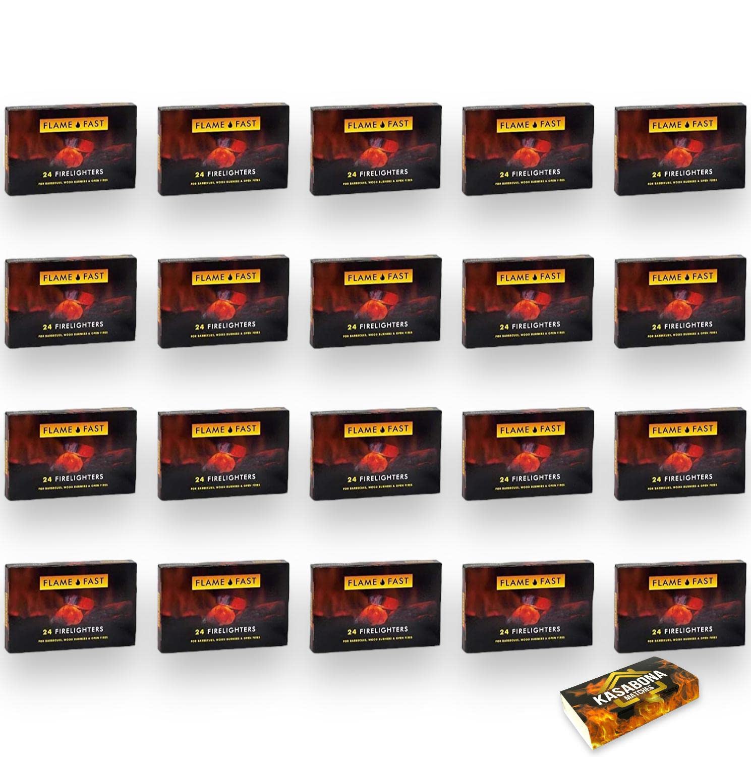Flamefast Firelighters Bulk Pack Fire Starters - Hotspot Burners BBQ & Open Fire with KasaBona Safety Matches - 480 Firelighters