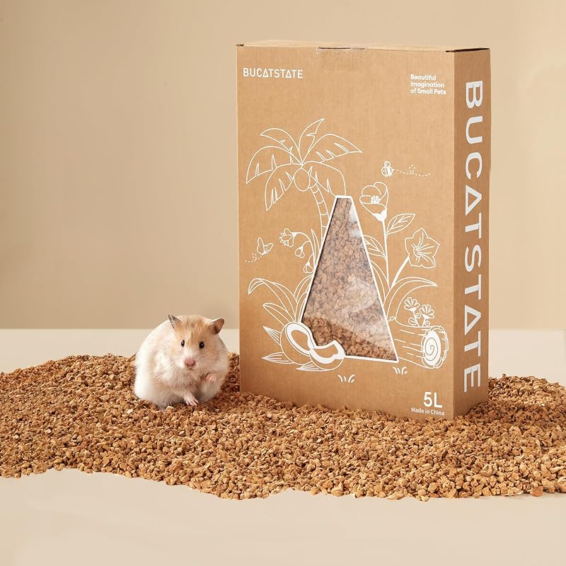 BUCATSTATE Cork Bedding 5L, Natural Hamster Bedding | Odor Control for Dwarf Syrian Hamsters, Gerbils, Mice, Low-dust Hamster Substrate with Paper Hideout Box (Grain 2-4mm)