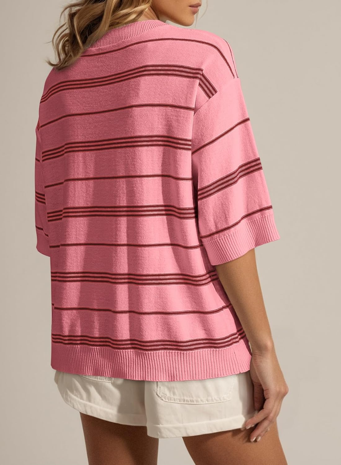 Dokotoo Womens Sweaters Spring Summer Oversized 3/4 Sleeve Striped Crewneck Casual Lightweight Knit Pullover Sweater Tops - Image 2