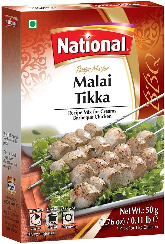 National Foods Malai Tikka Recipe Mix 1.76 oz (50g) | South Asian BBQ Masala Powder | Traditional Spicy & Creamy Food | Box Pack