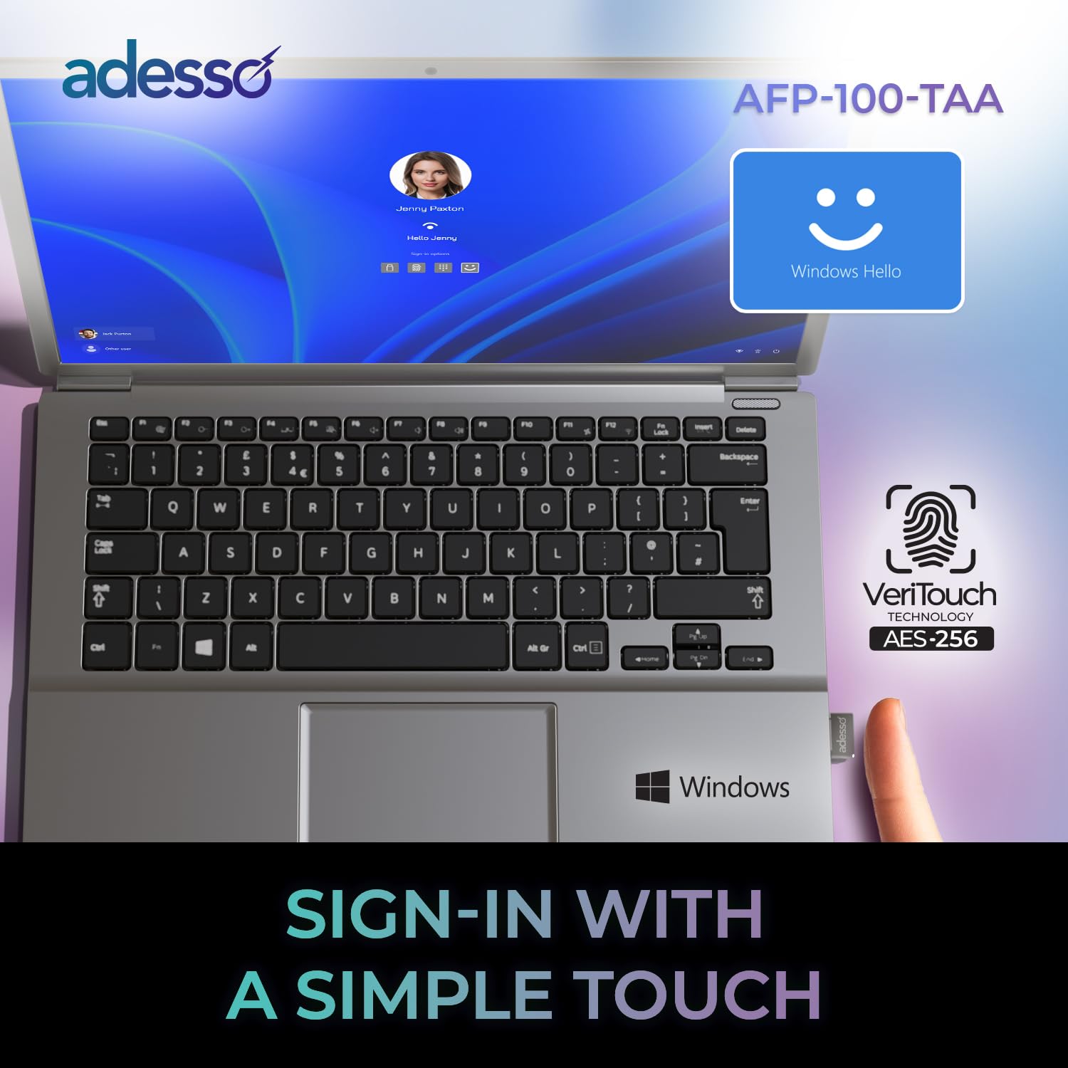 Adesso Lector de huellas dactilares USB compatible con Windows Hello Seguridad biométrica integrada Cifrado AES256 fabricado en Taiwán Cumple con la TAA AFP-100-TAA