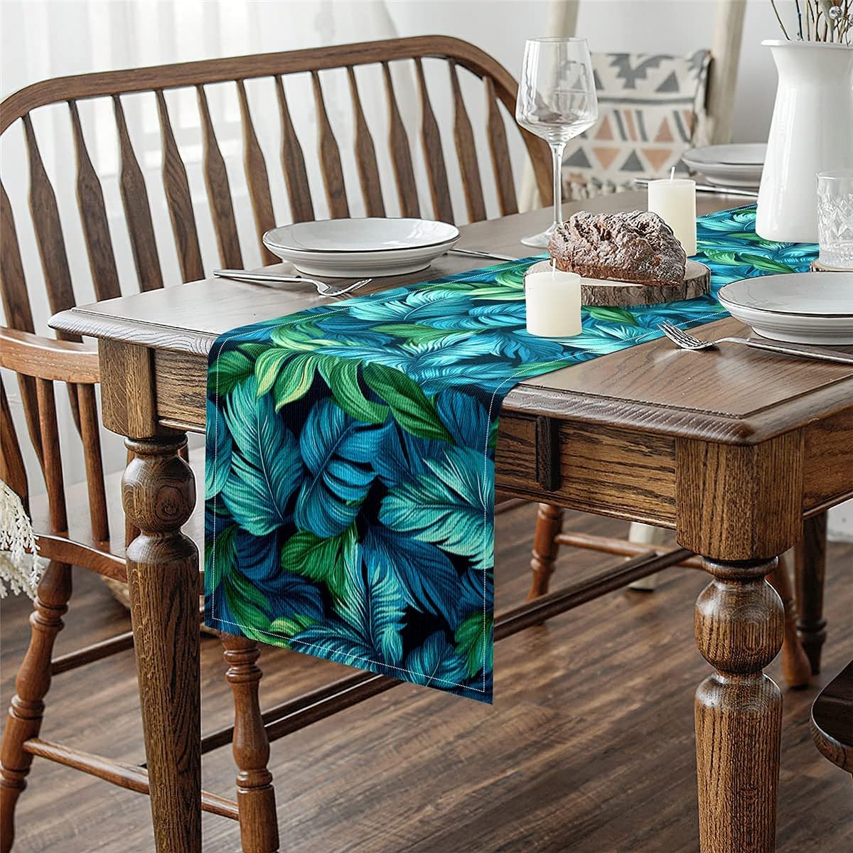 Palm Leaves Table Runner Abstract Blue Green Tropical Leaves Table Dress for Kitchen Dining Table Watercolor Wild Plants Rustic Style Table Runners for Home Party Decor 120x13 Inch