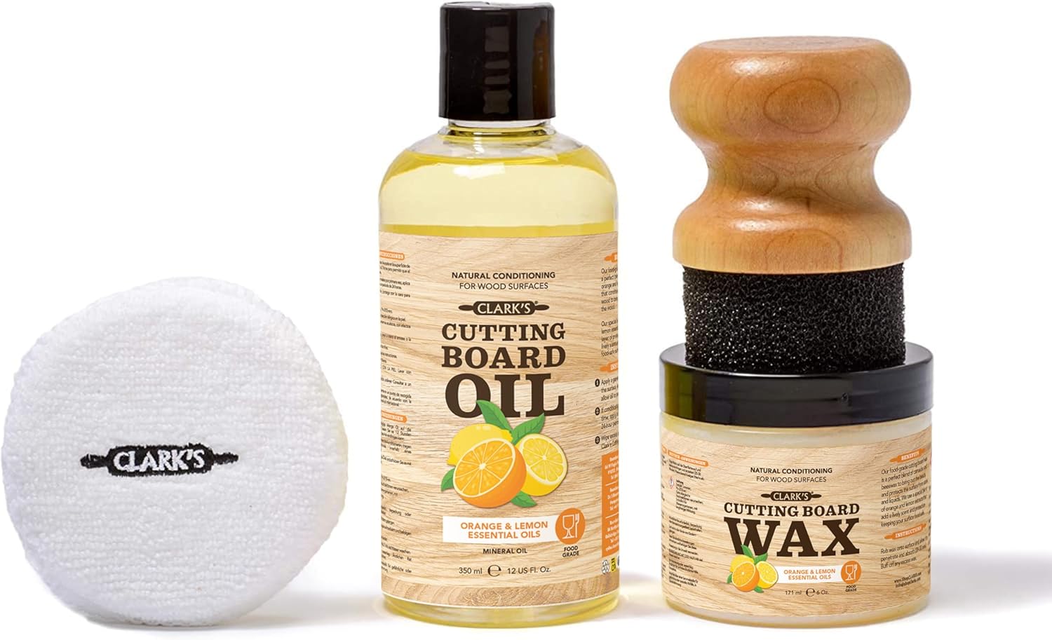 CLARK’S Cutting Board Oil and Wax Kit – Includes Food Grade Mineral Oil (12oz), Finishing Wax (6oz), Applicator, & Buffing Pad to Clean and Protect Wood, Enriched with Natural Lemon & Orange Extract