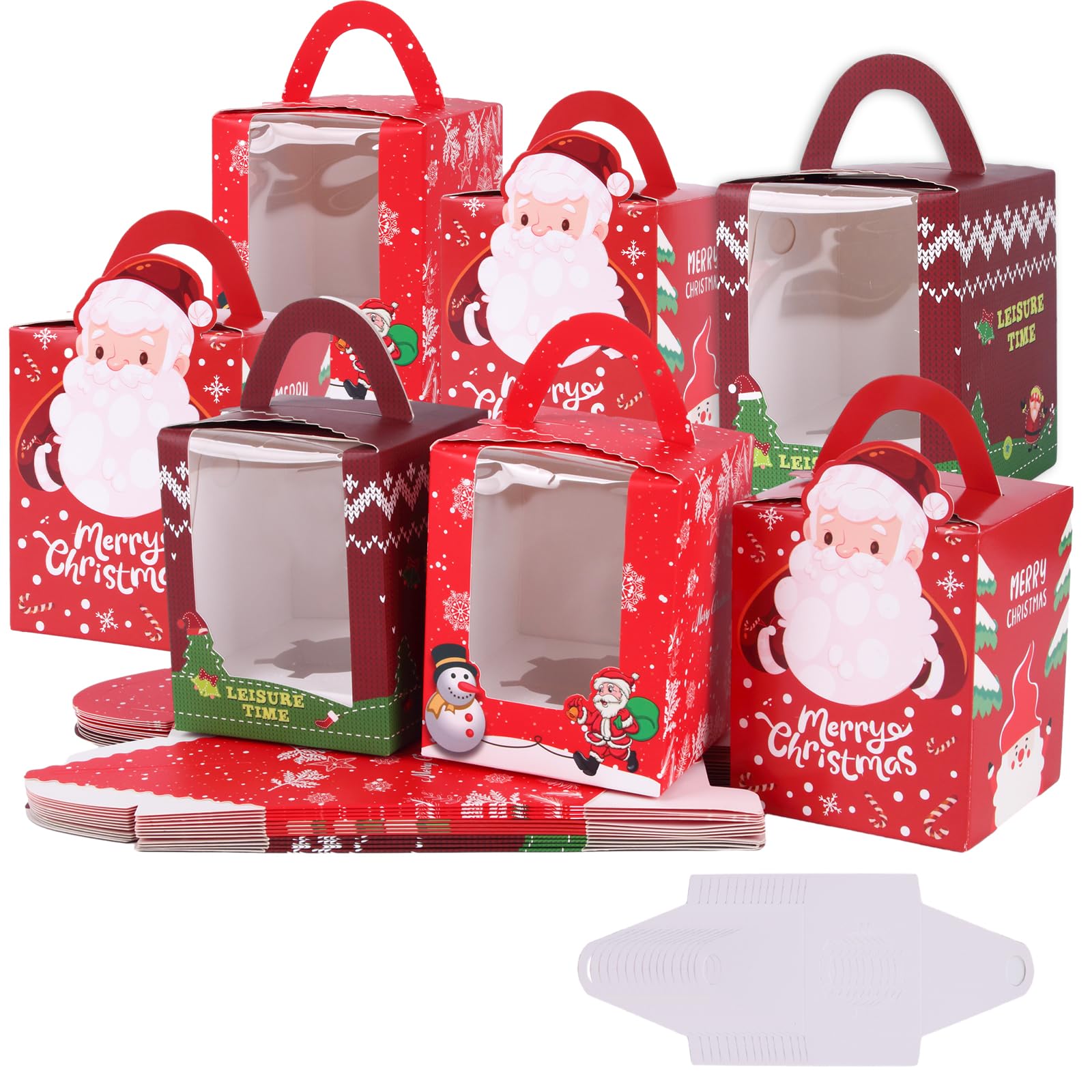 Larfraecy Christmas Cupcake Boxes 15 Pieces Christmas Cake Boxes with Window Xmas Party Paper Treat Candy Boxes with Handle for Christmas Baby Shower Wedding Party Favors (size 1)