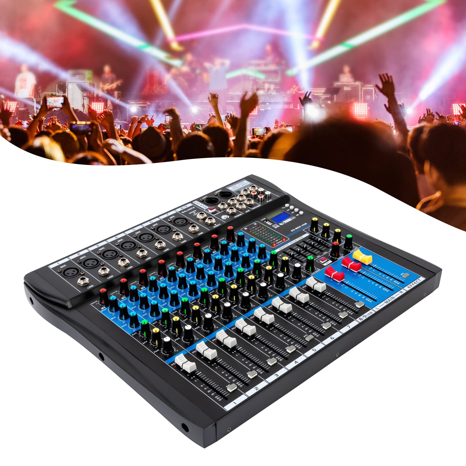 DJ - Mixer digitale Bluetooth con amplificatore, mixer audio multicanale, 8 canali, 5 bande, 4 effetti hall, per home TV, conferenze, palcoscenico