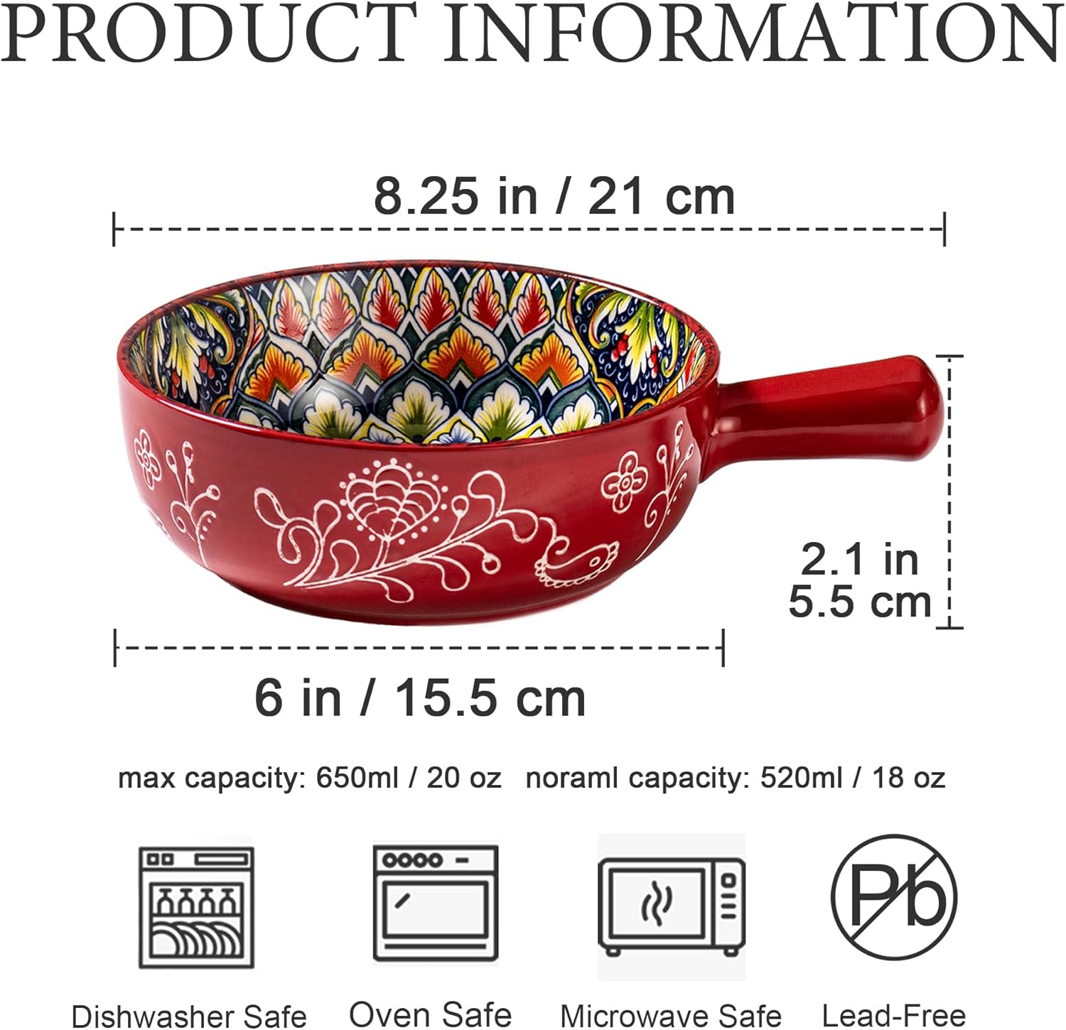 Henten Home 18 oz Soup Bowls with Handle, Porcelain French Onion Soup Bowl Set of 4, Ceramic Colorful Crocks for Pasta, Beef Stews, Cereal, Bohemian, Microwave & Oven Safe