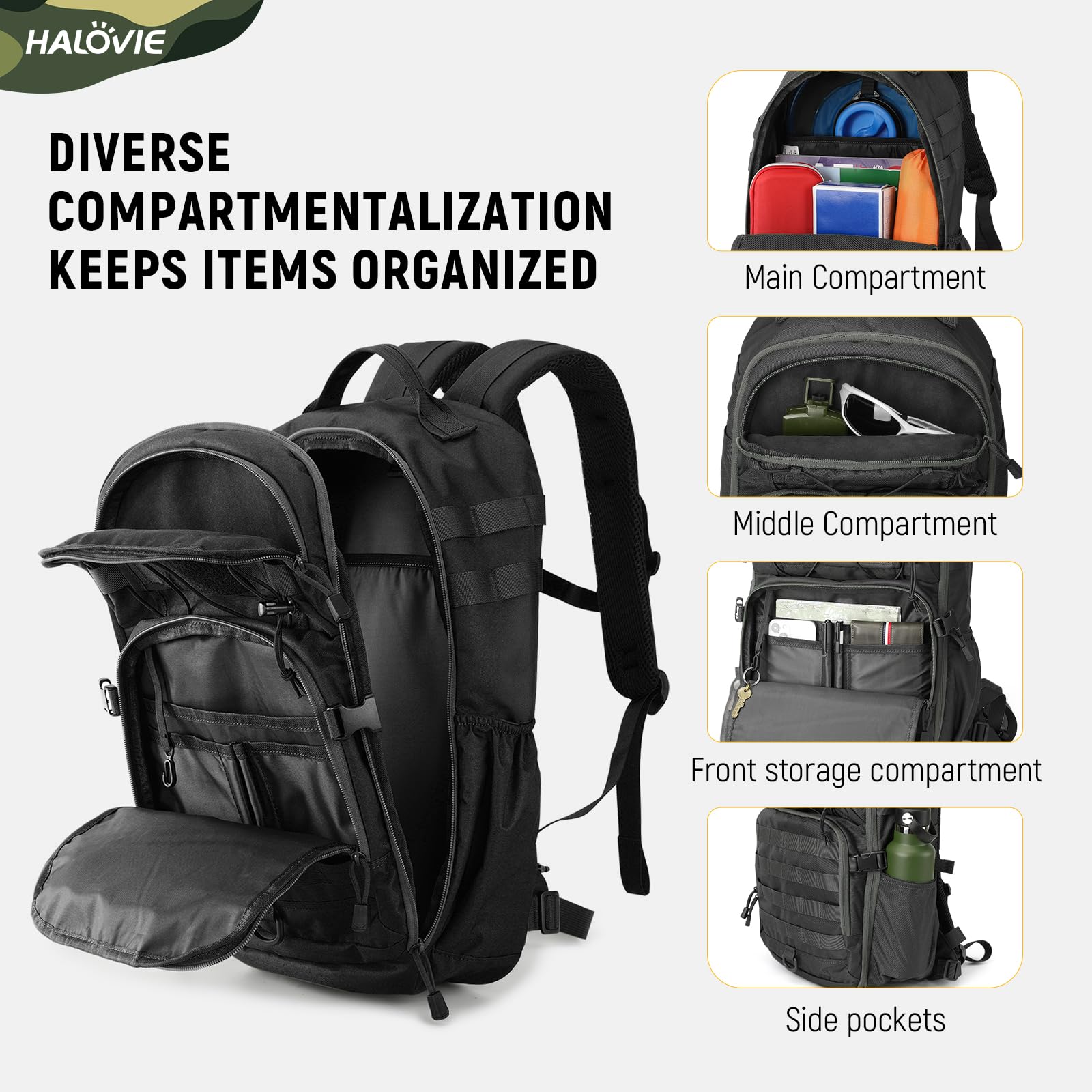 HALOVIE Zaino Militare Tattico 30L, Zainetto da Trekking Ultra Leggero Zaino Molle Backpack per Viaggio Escursioni Crossfit Campeggio
