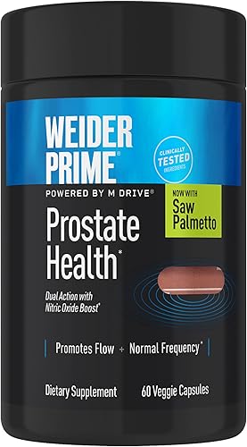 Weider Prime Prostate Health for Men, Saw Palmetto, doble acción con aumento N.O. Boost, promueve el flujo y la frecuencia normal, 60 cápsulas