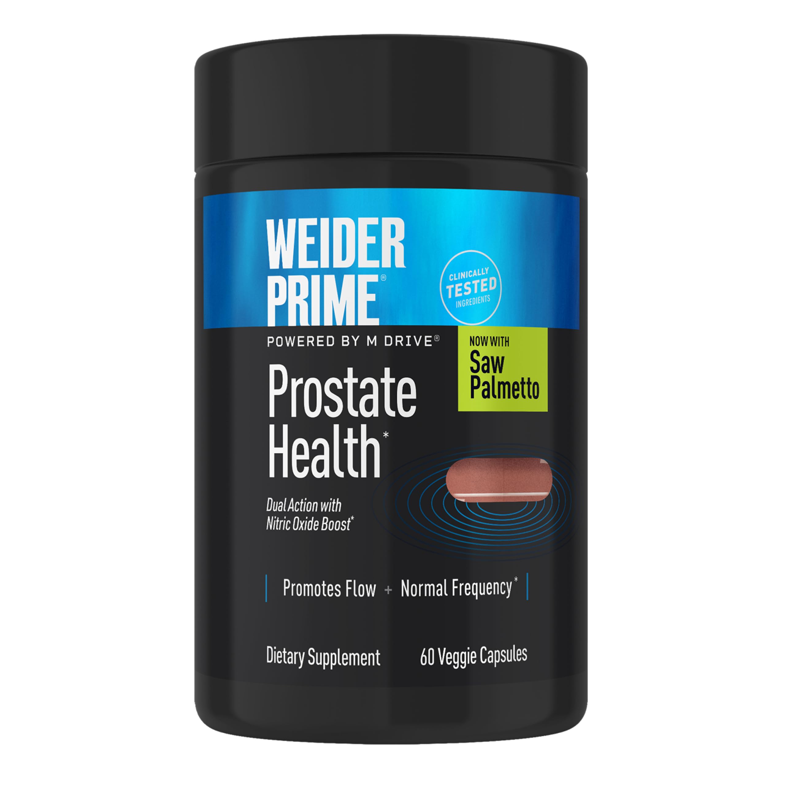Weider Prime Prostate Health for Men, Saw Palmetto, Dual Action with N.O. Boost, Promotes Flow and Normal Frequency, 60 Veggie Capsules