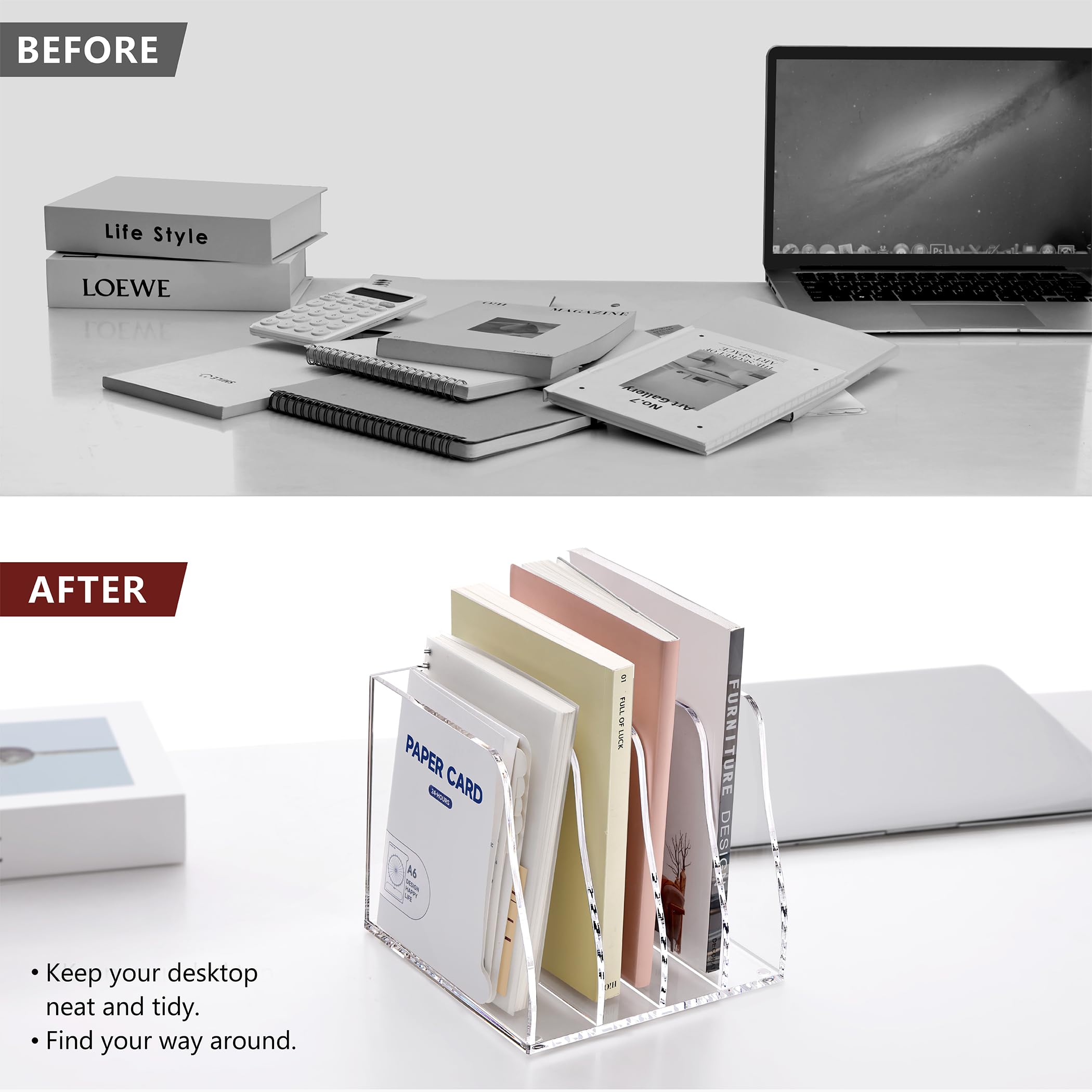 SANRUI Organizer da scrivania in acrilico, trasparente, con 4 scomparti verticali, salvaspazio, resistente, design moderno, per casa, ufficio, scuola
