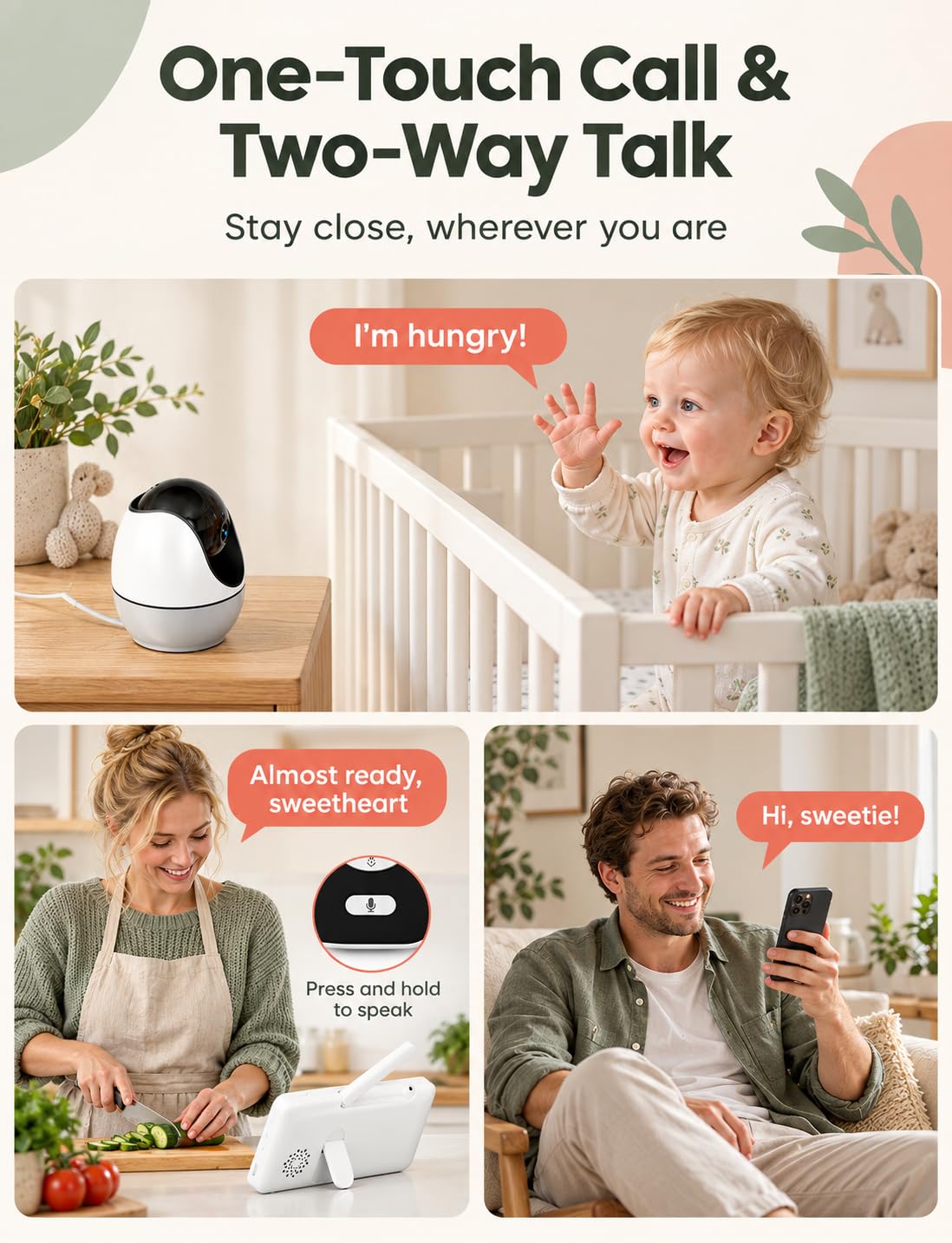 OBVHNUA Baby Monitor 3500mAh WiFi 4,3'' IPS con Telecamera, App, VOX