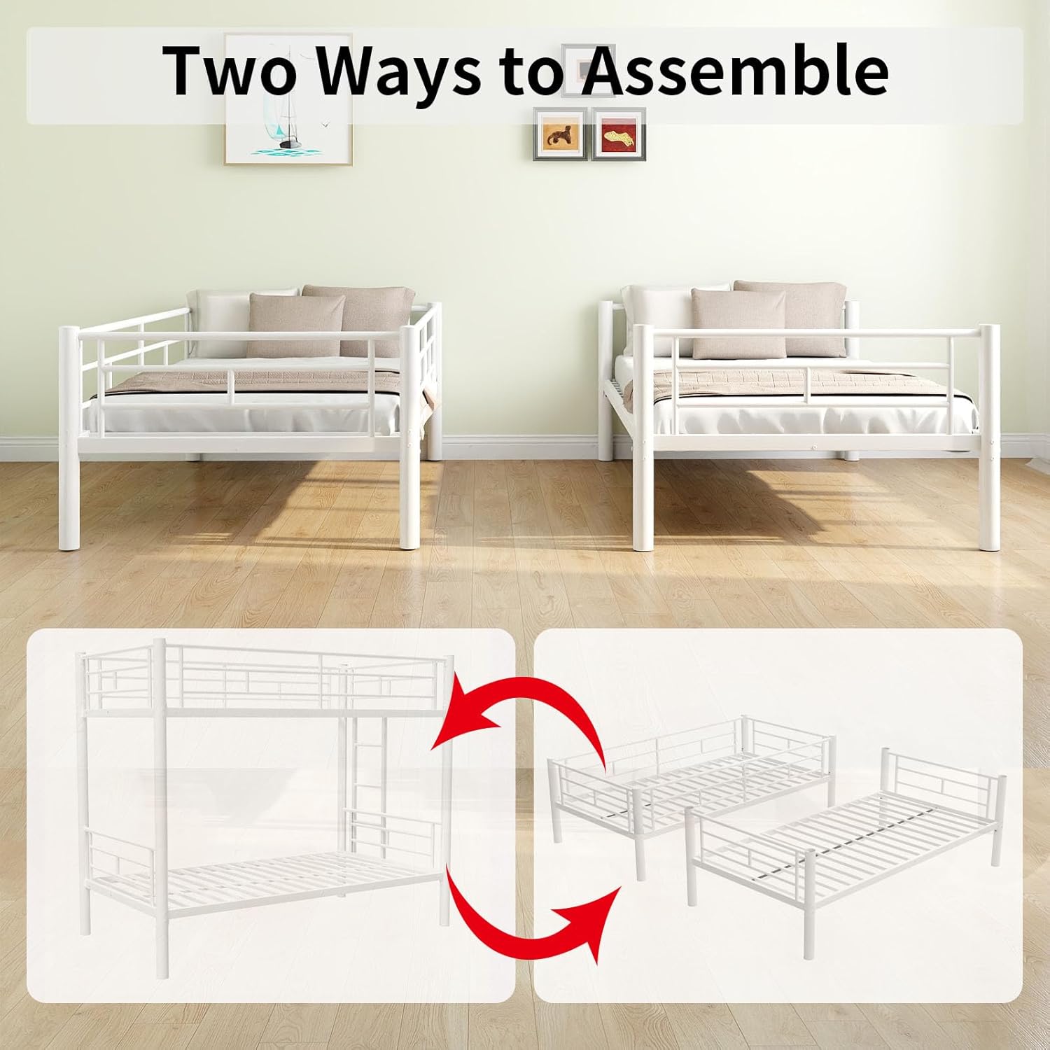 Bunk Bed Twin Over, Twin Bunk Beds with Ladder and Full-Length Guardrail, Heavy Duty Bunk Beds with Stairs for Kids, Teens & Adults, No Box Spring Needed, Space-Saving Design, Noise Free, White
