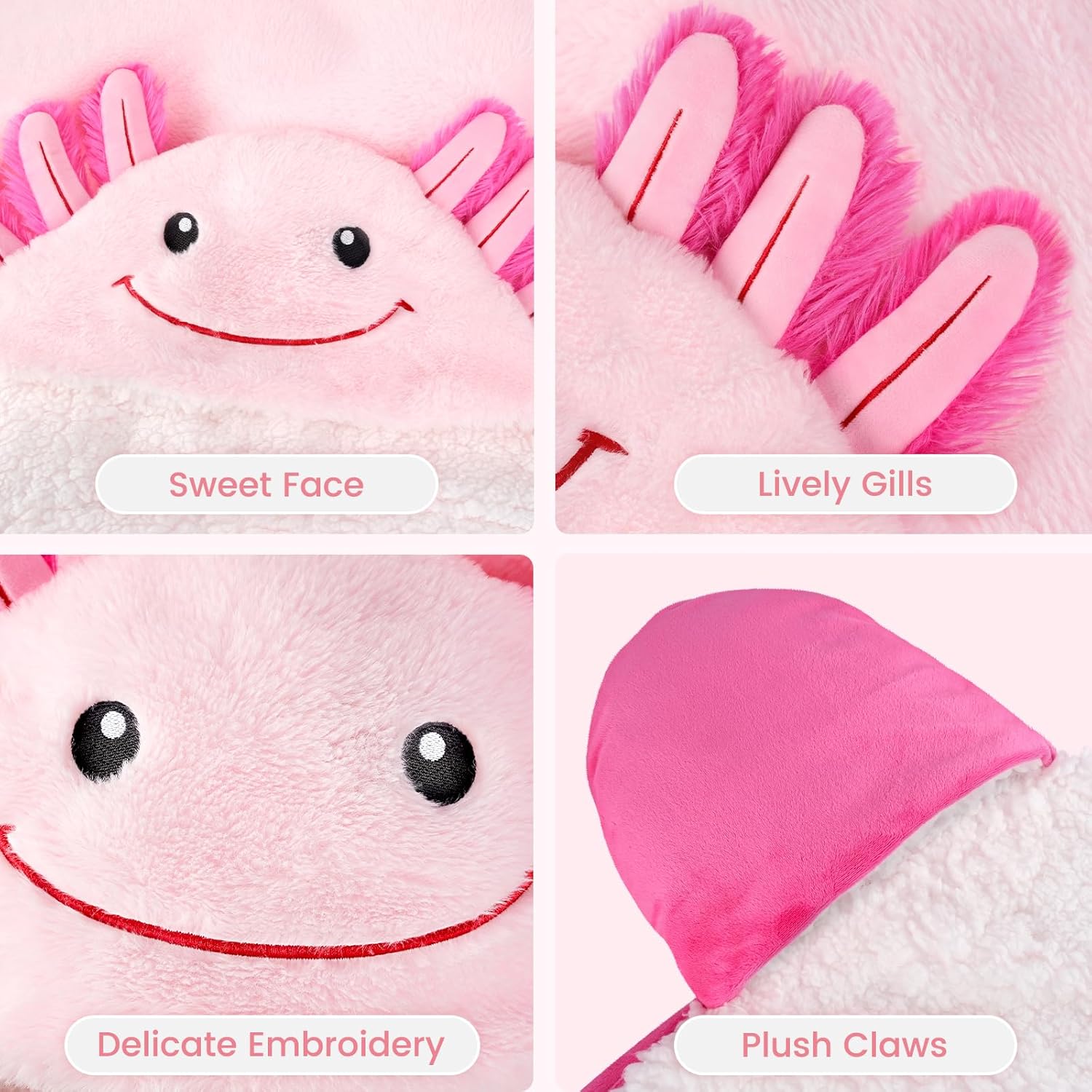 Axolotl Wearable Blanket Hoodie for Women & Kids, Premium Soft Thick Plush & Sherpa Fleece for Ultra Warmth, Pink Throw Wrap With Giant Hood, Easy Movement, Axolotl Gifts for Girls Adults, Oversized - Image 5